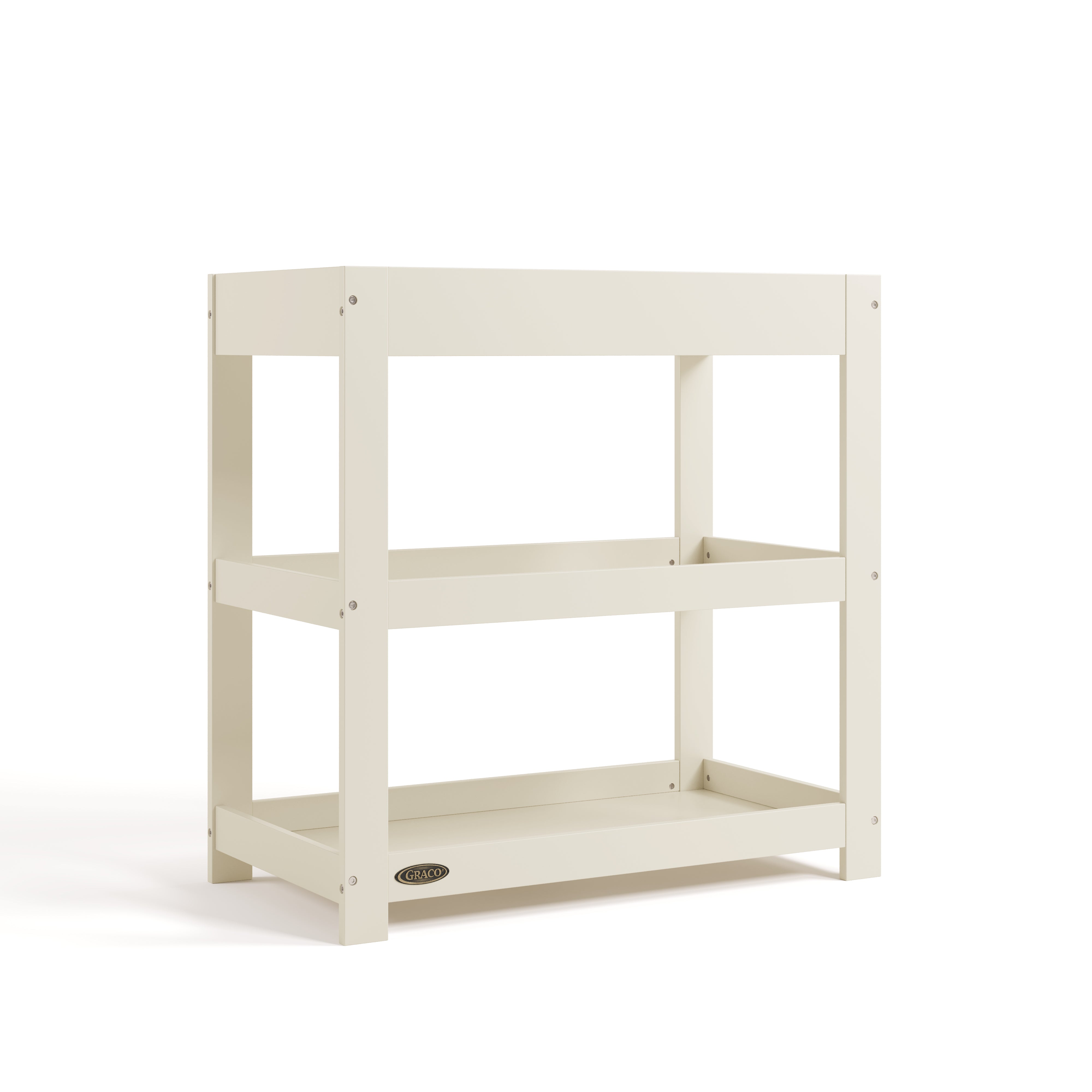 Customizable frosted oat changing table without curved headboard angle view 
