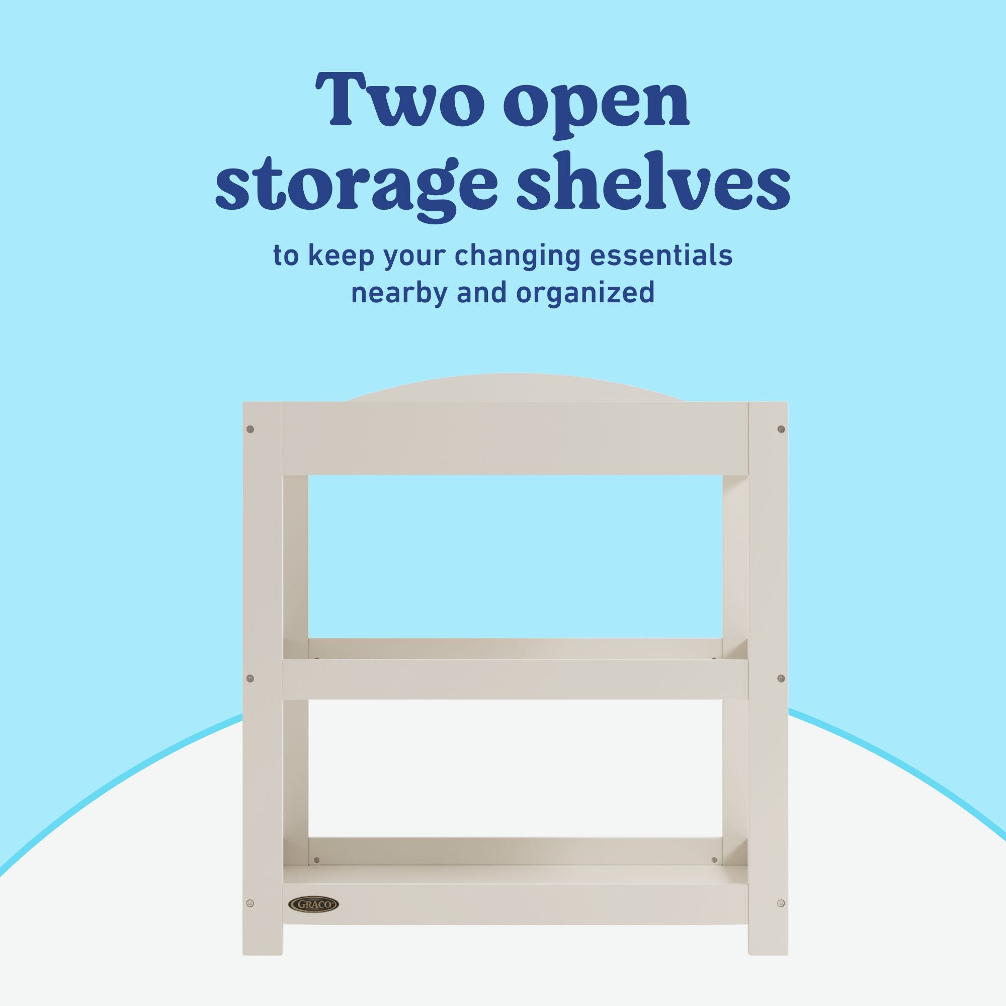 Graco frosted oat customizable changing table open shelves callout