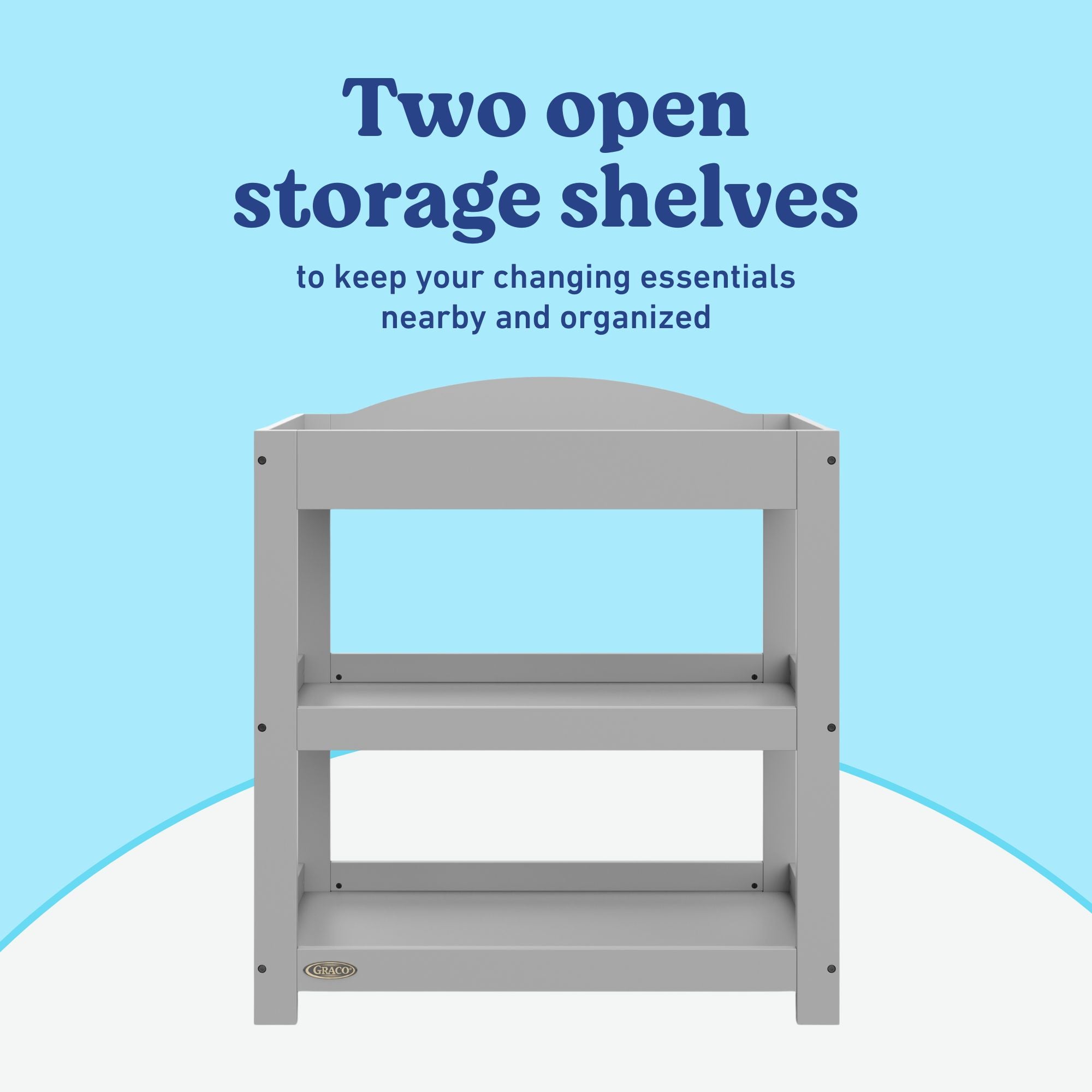 Graco pebble gray customizable changing table open shelves callout