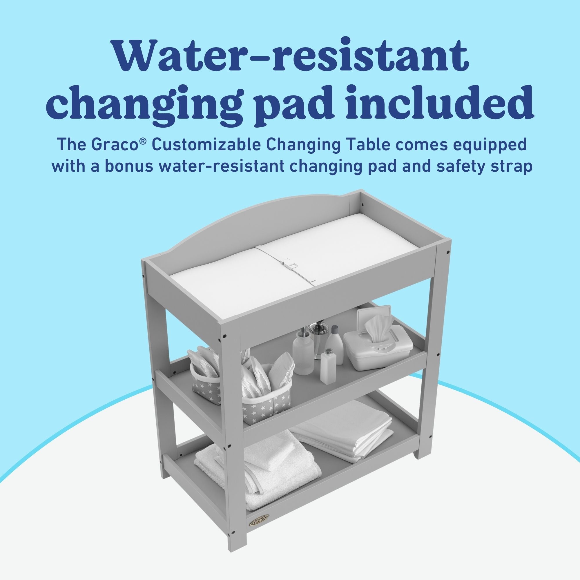 Graco pebble gray customizable changing table changing pad callout