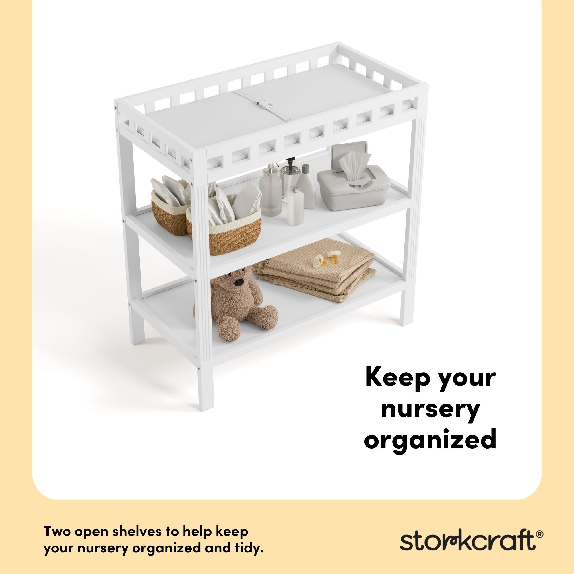morningside white changing table two open shelves callout