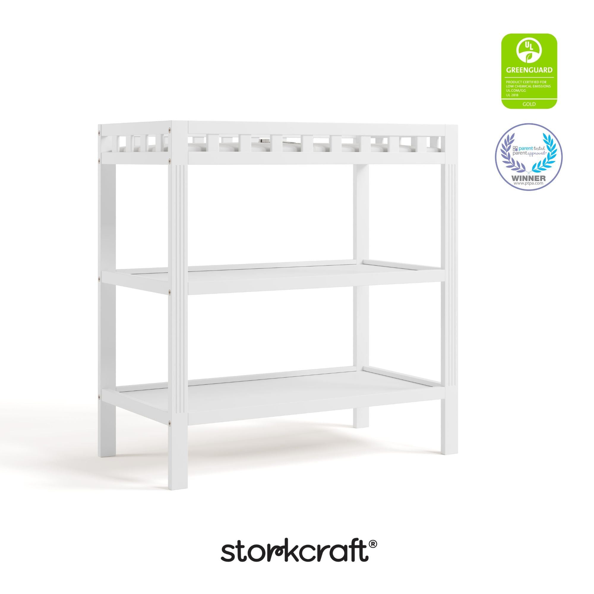 morningside white changing table with GGG and PTPA logo on top right