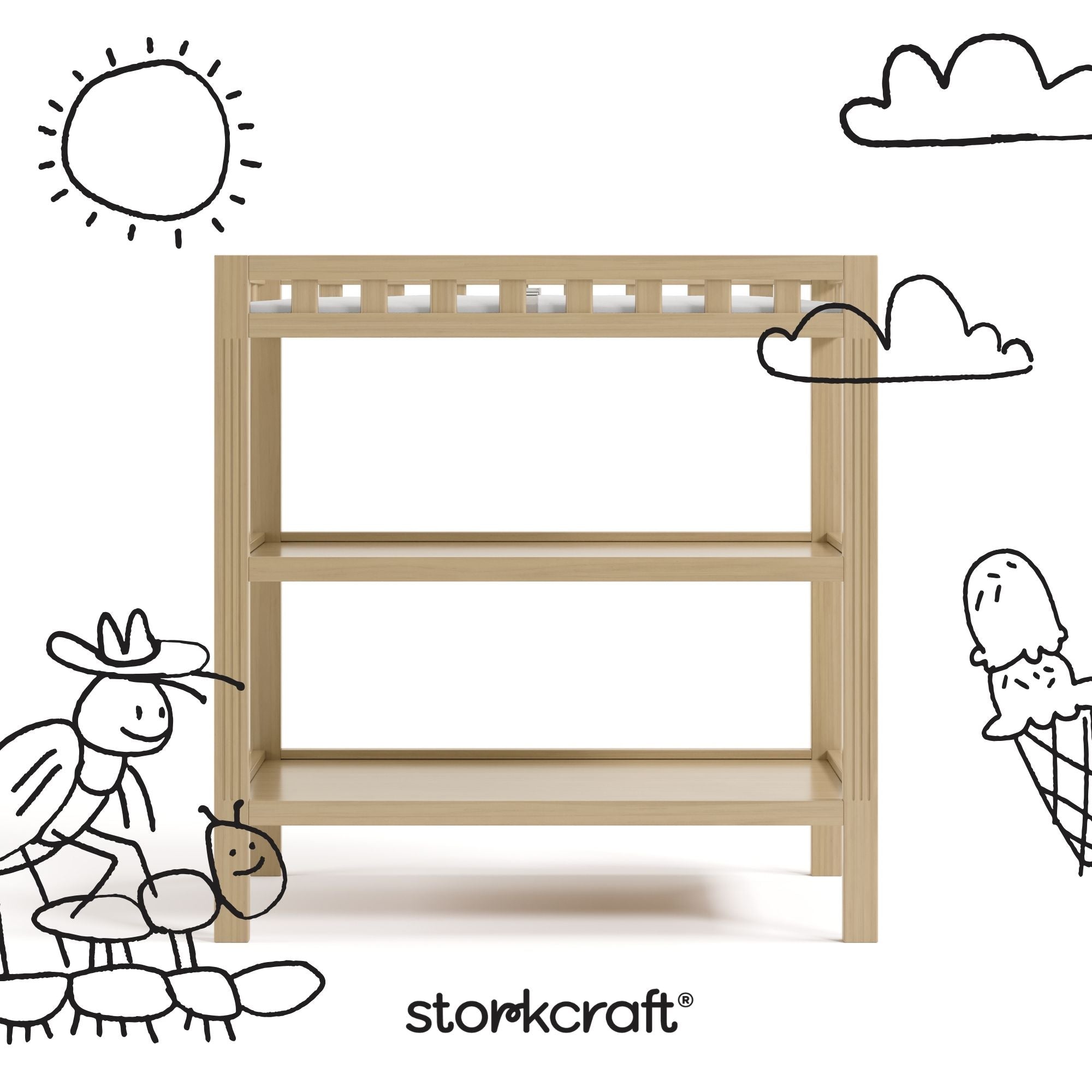 morningside driftwood changing table with black doodles overlaid on image