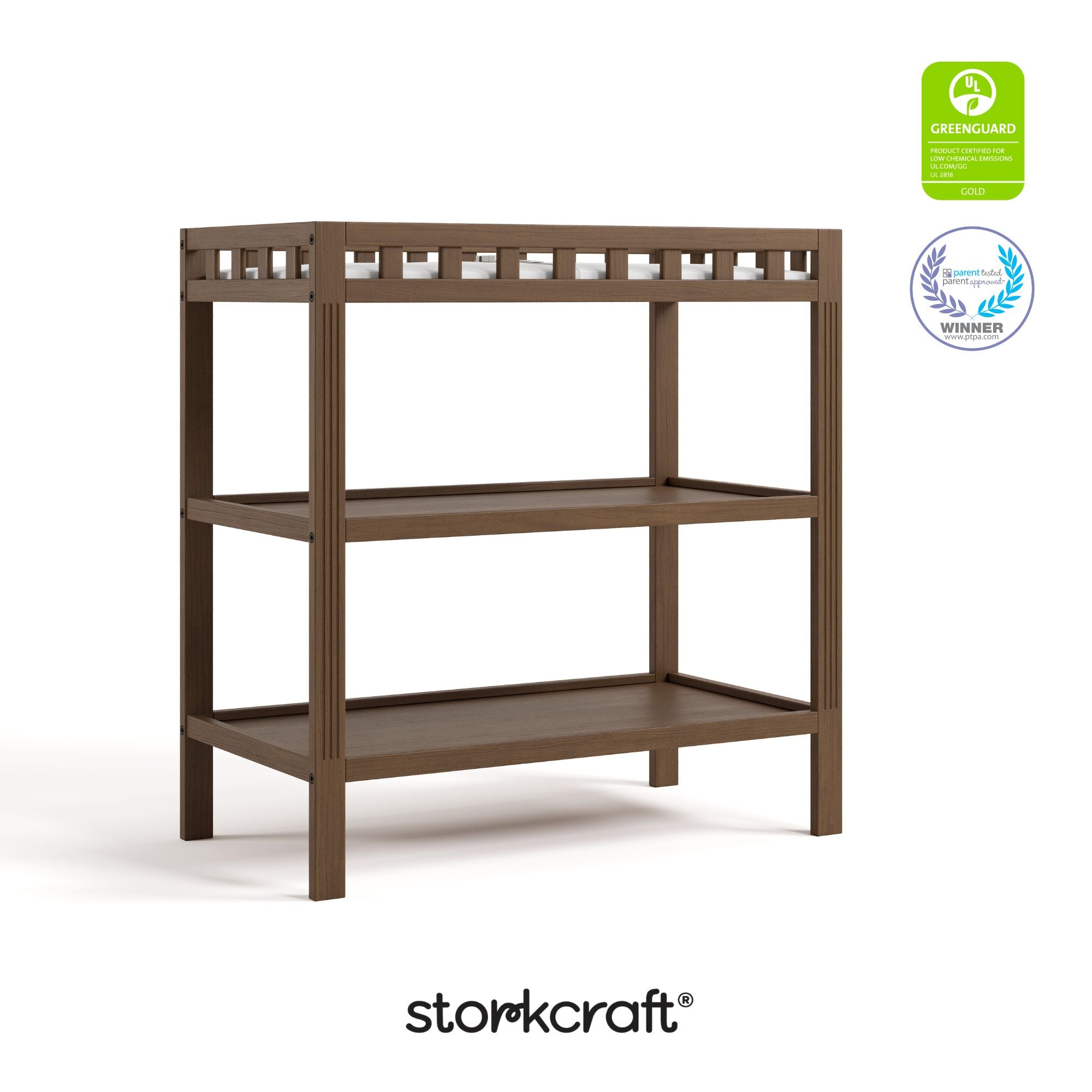 morningside hazelnut changing table with GGG and PTPA logo on top right