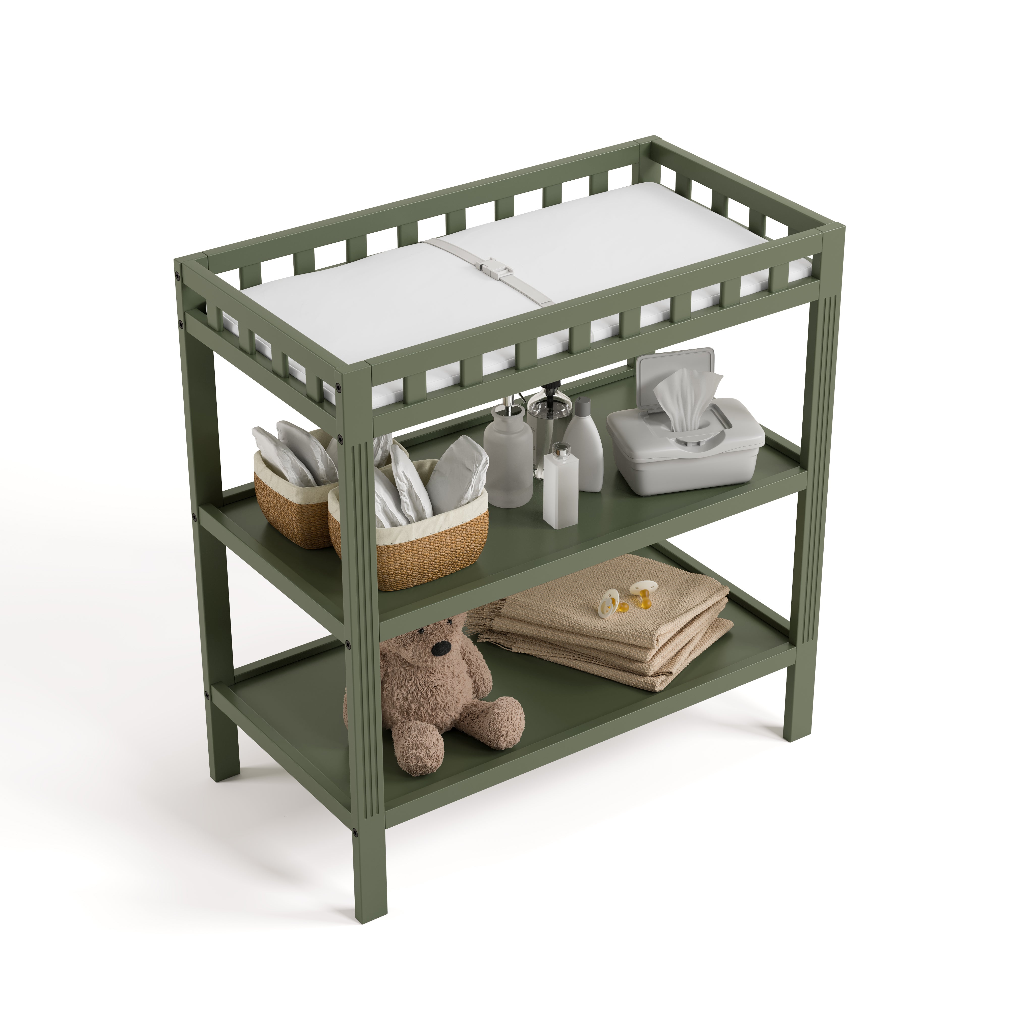 Morningside olive changing table top view with baby items on both shelves