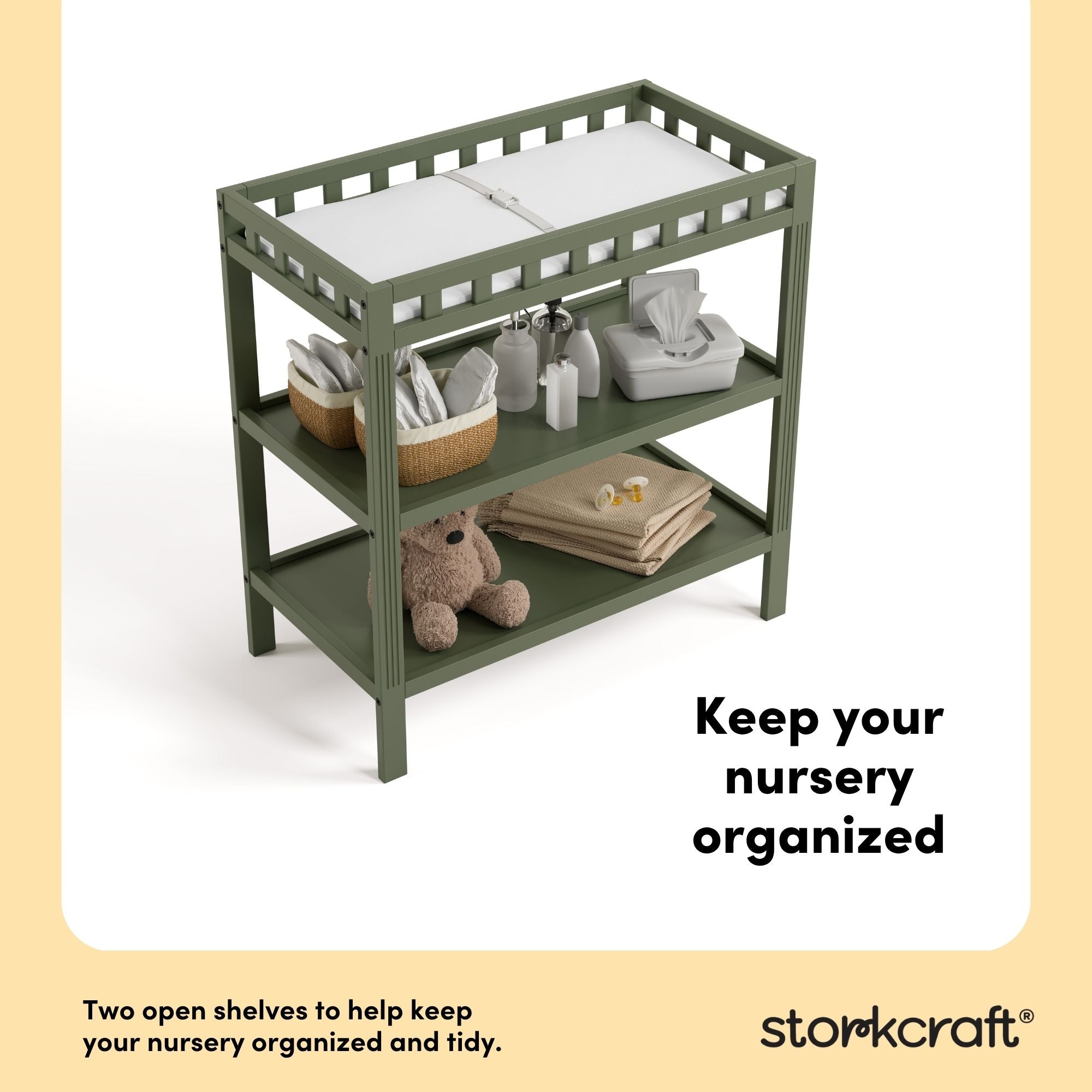 morningside olive changing table two open shelves callout