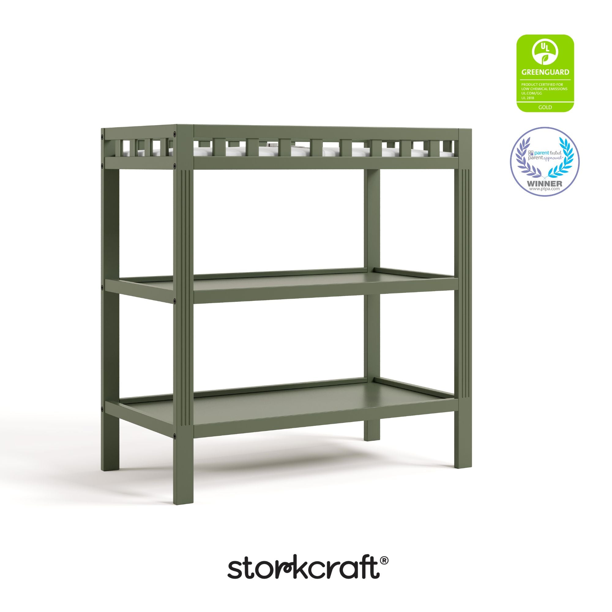 Morningside olive changing table with certification logos on top right