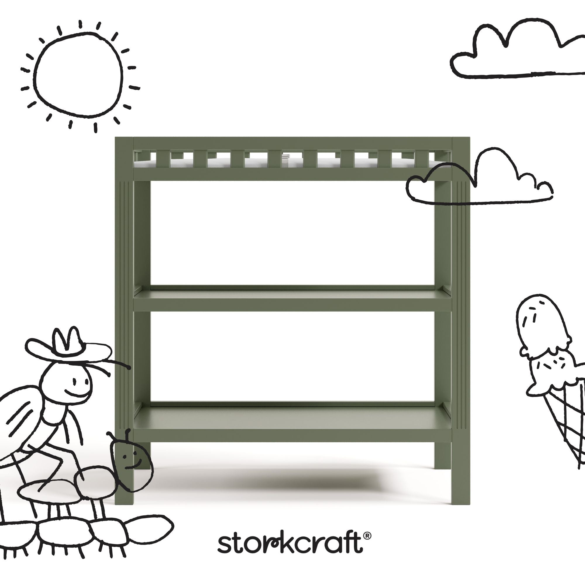 Morningside olive changing table with black doodles overlaid on image