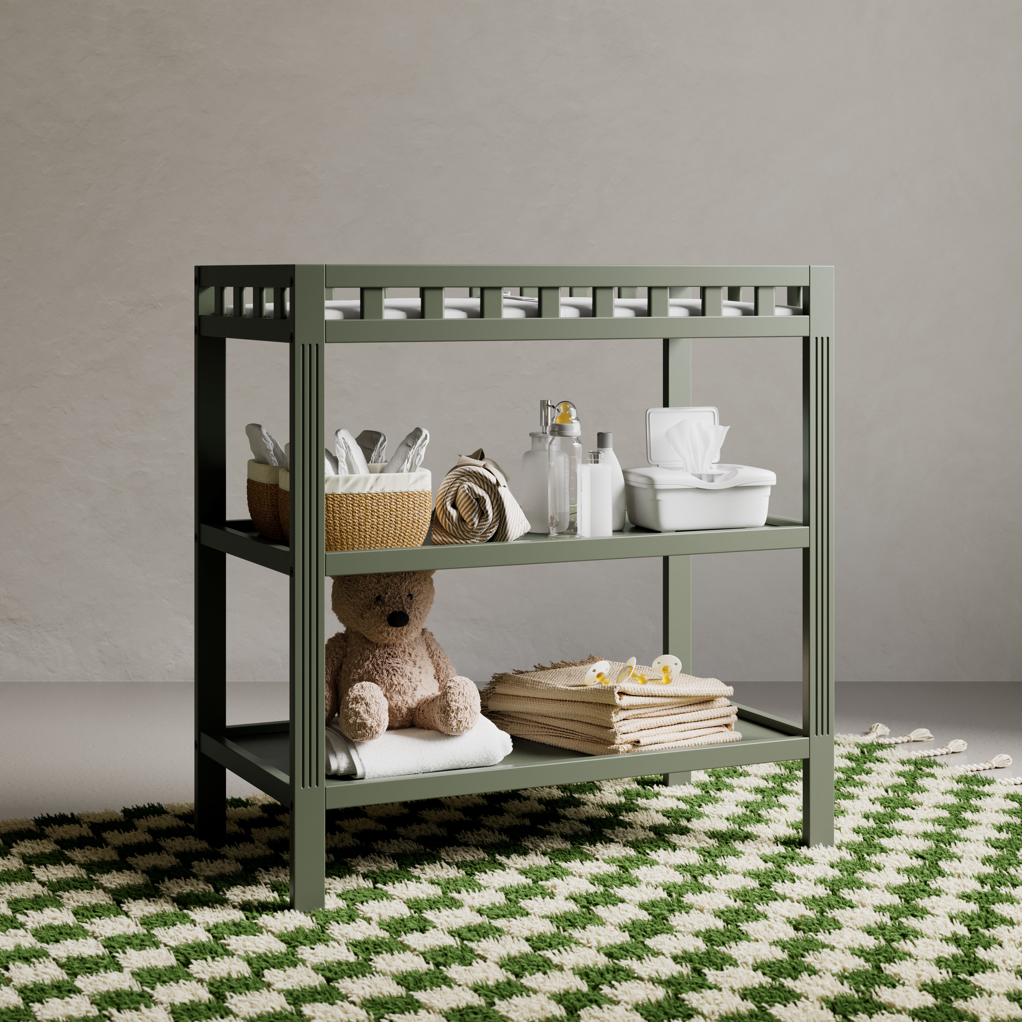 Morningside olive changing table in a nursery