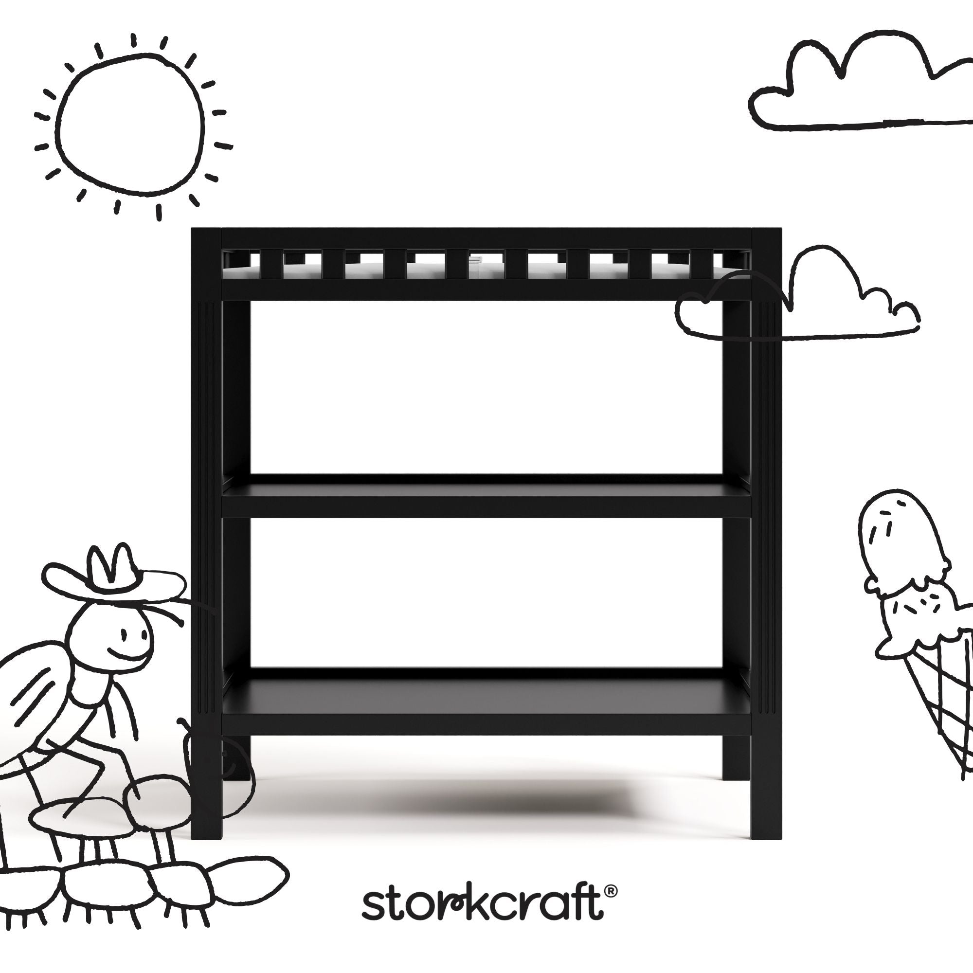 Morningside black changing table with black doodles overlaid on image