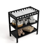 Morningside black changing table top view with baby items on both shelves