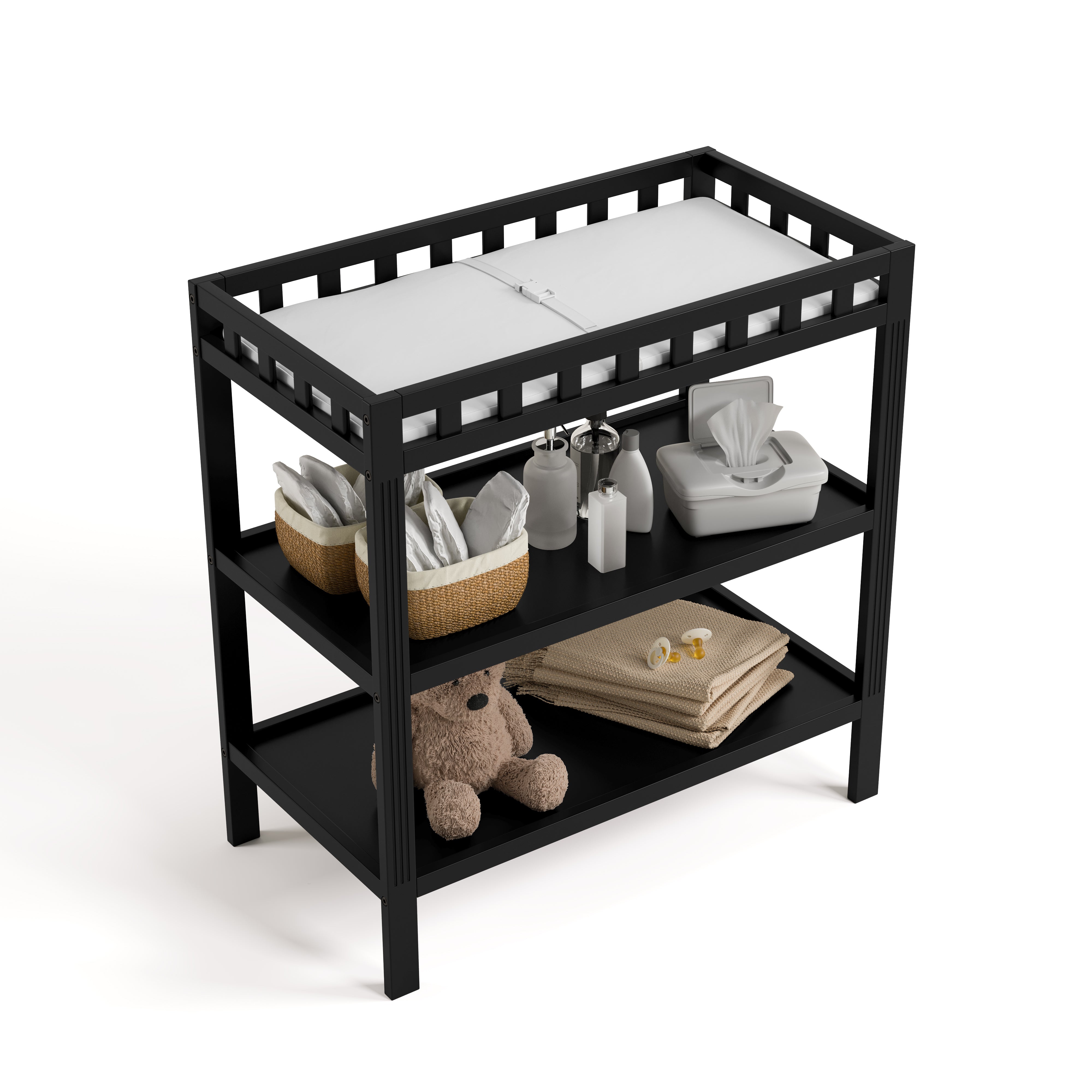 Morningside black changing table top view with baby items on both shelves