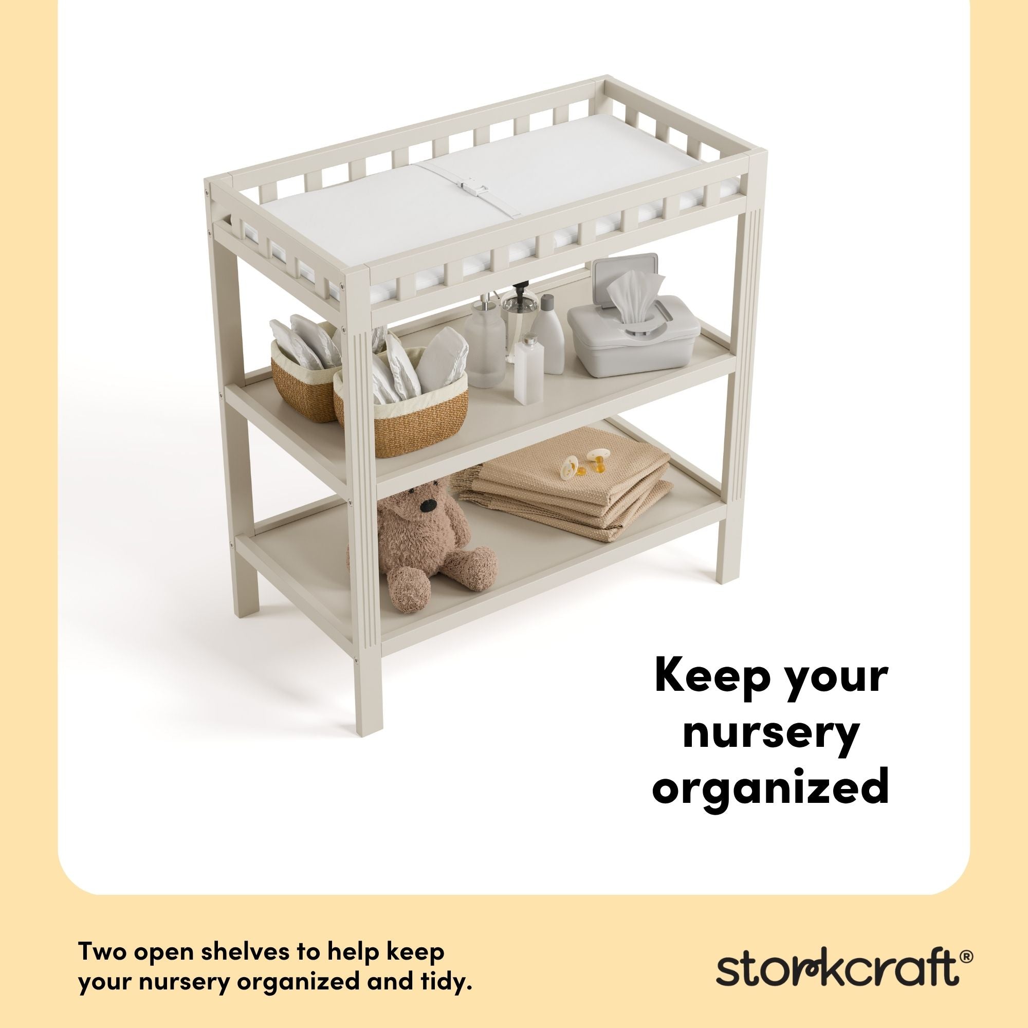 morningside frosted oat changing table two open shelves callout