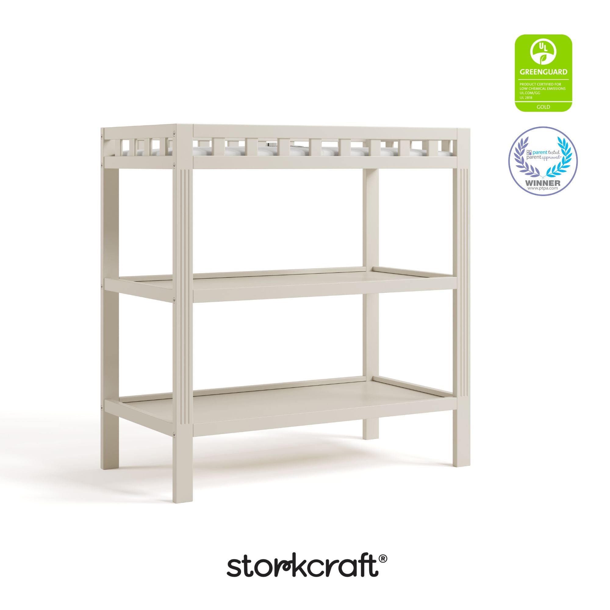 Morningside frosted oat changing table with certification logos on top right