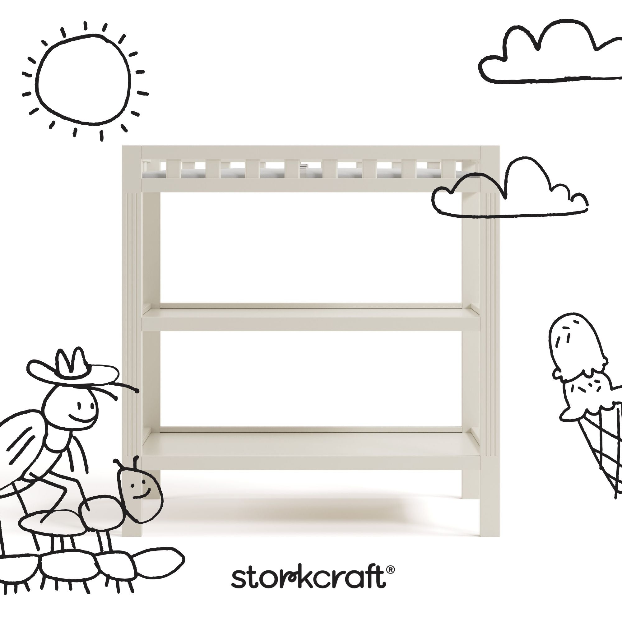Morningside frosted oat changing table with black doodles overlaid on image