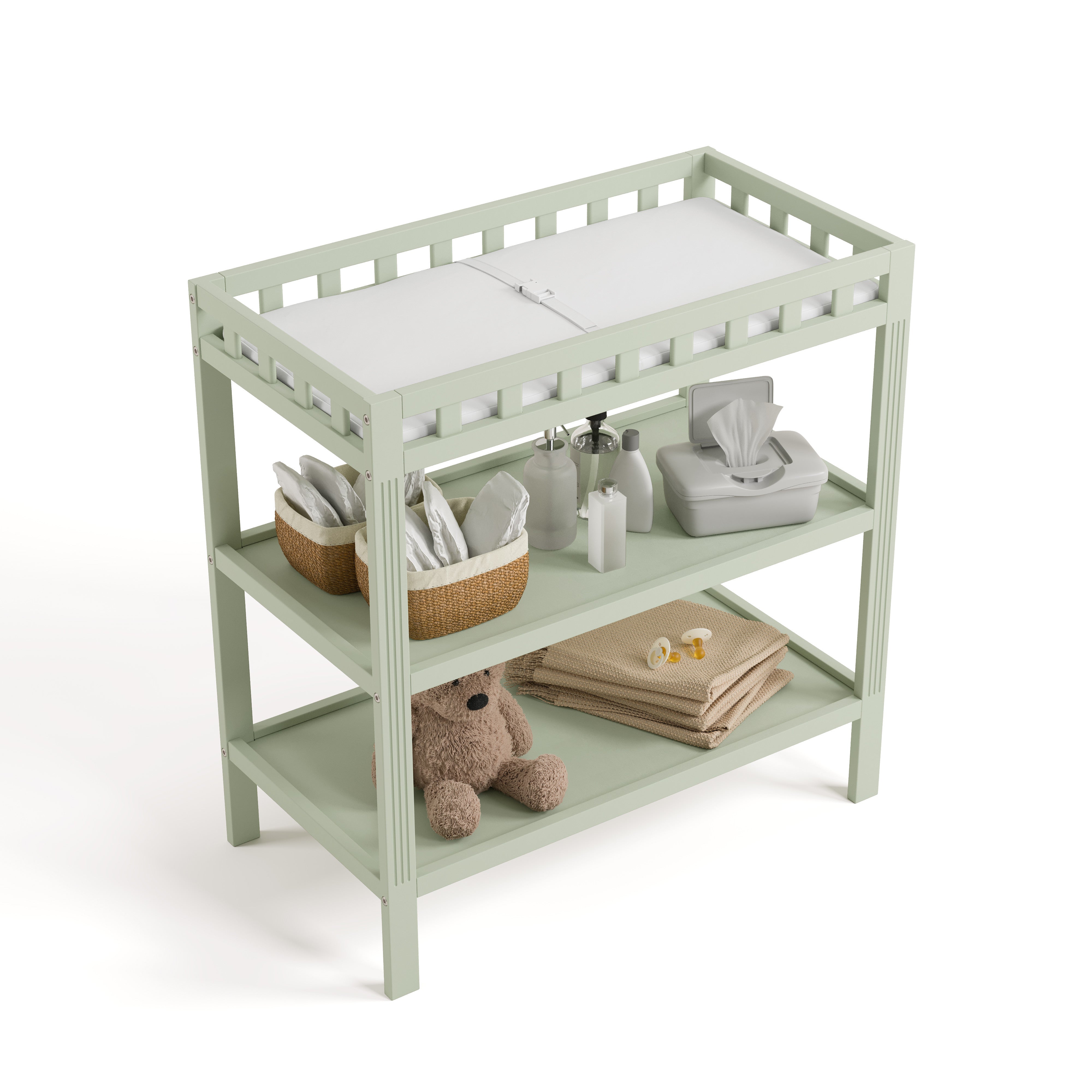 Morningside sage changing table top view with baby items on both shelves