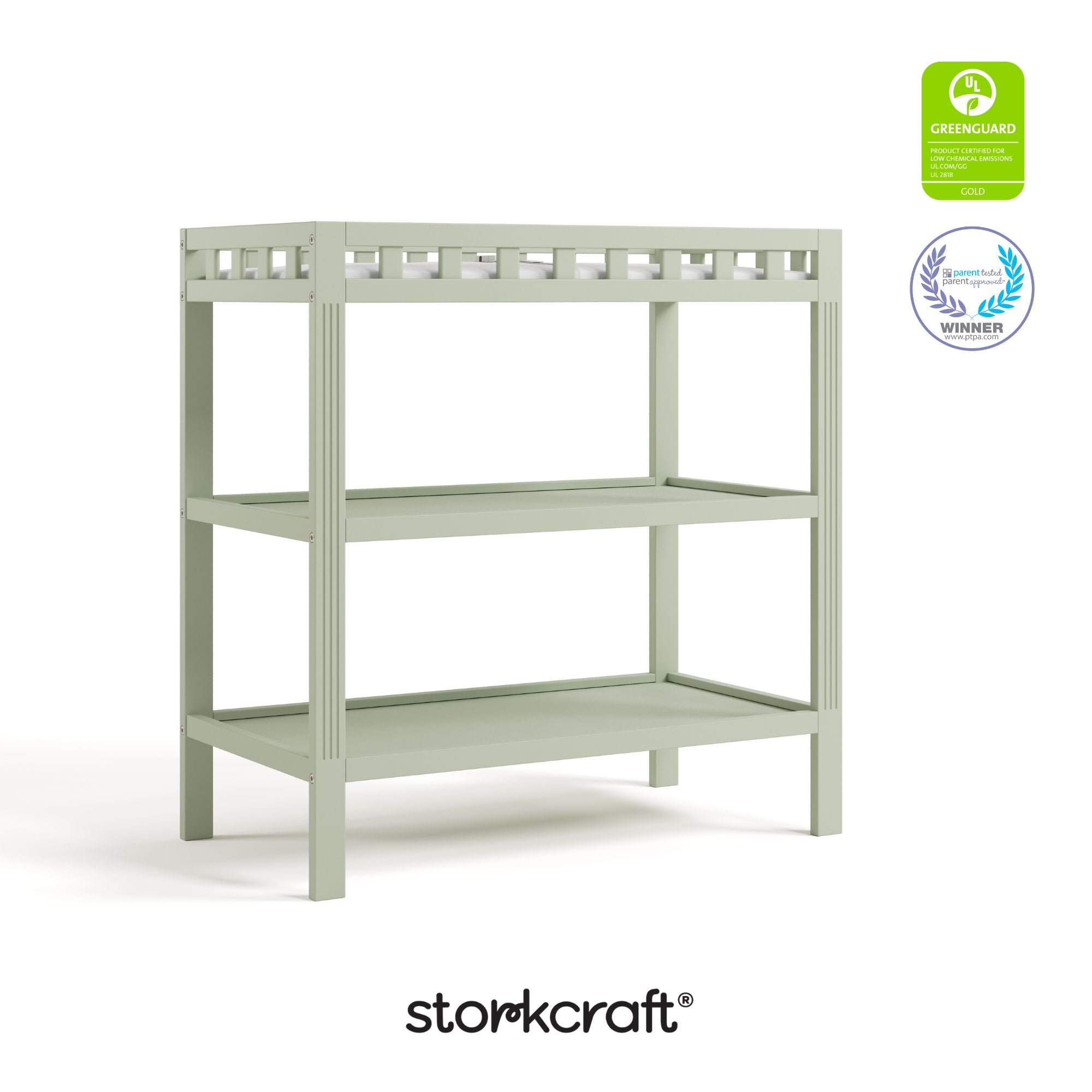 morningside sage changing table with GGG and PTPA logo on top right
