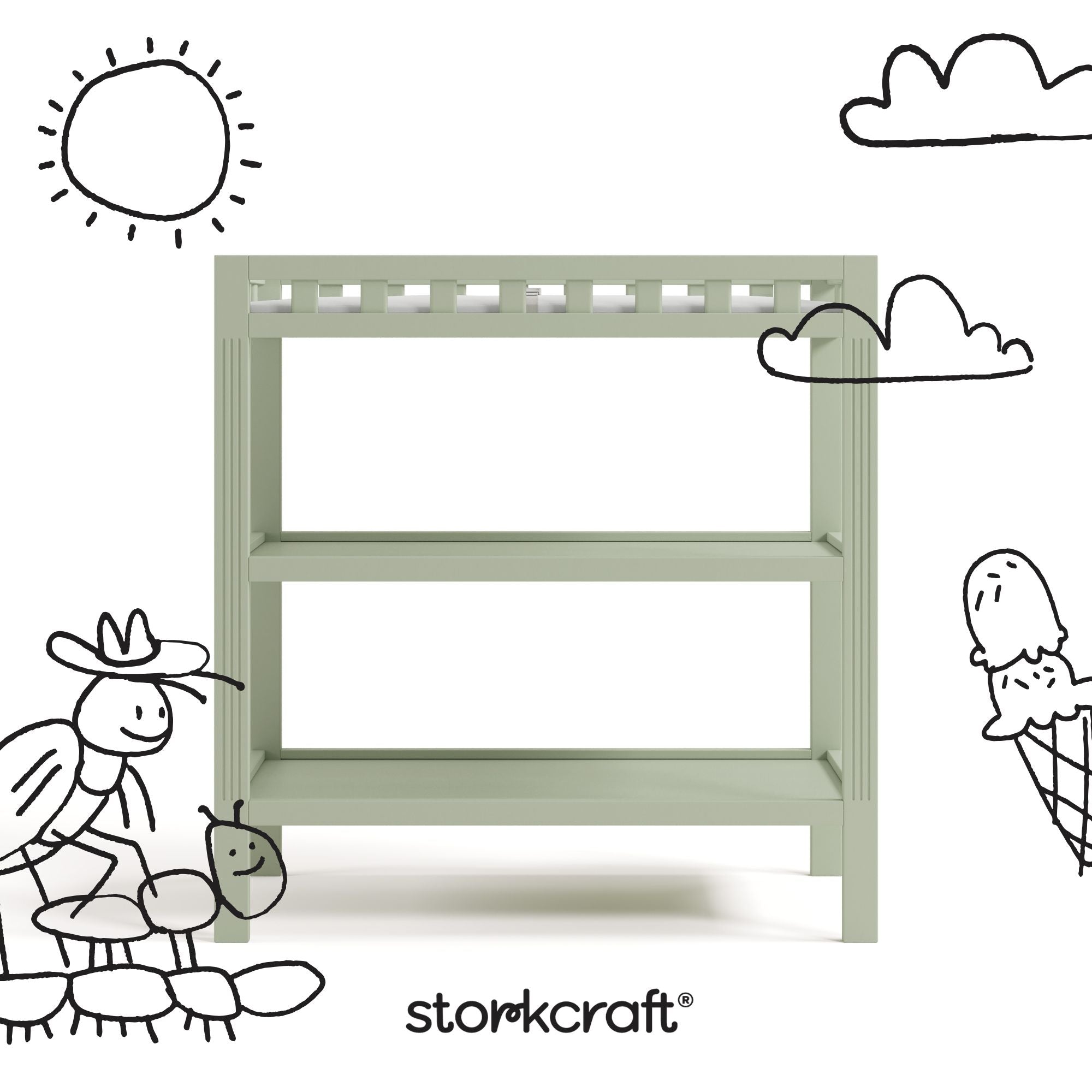 Morningside sage changing table with black doodles overlaid on image
