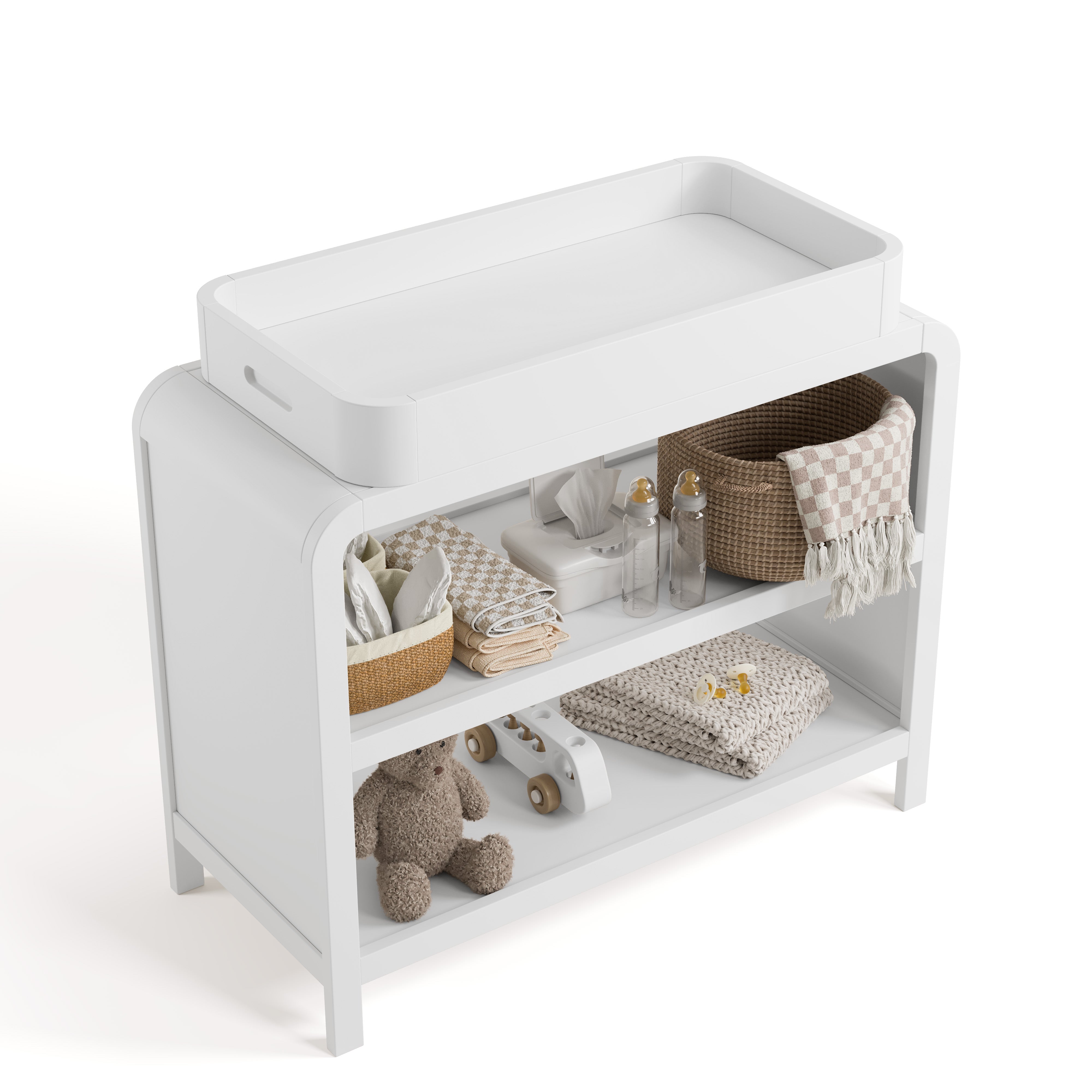 Top view of Santos white changing table with changing essentials on both shelves