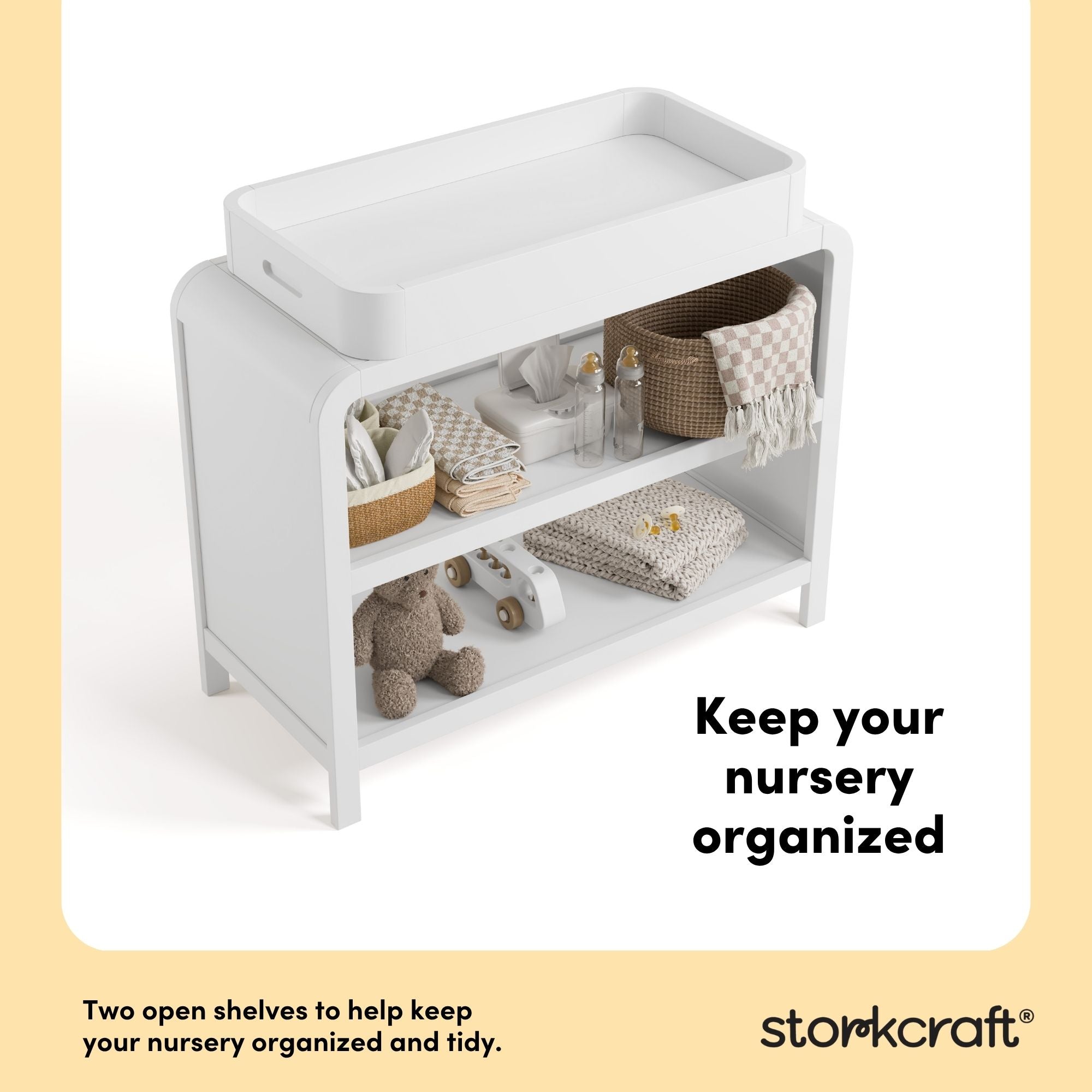 Santos white changing table two open shelves callout