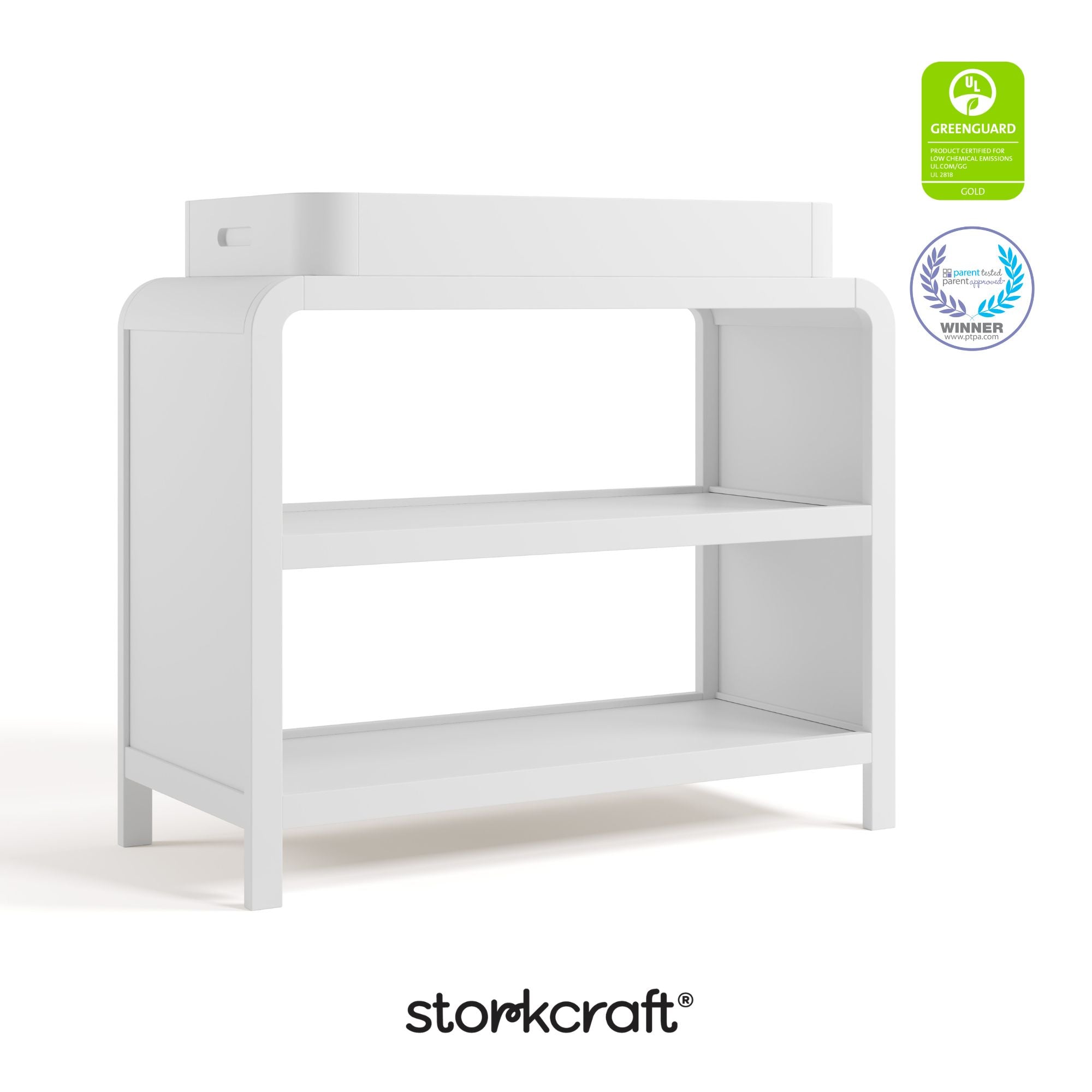 Santos white changing table with GGG and PTPA logos on top right