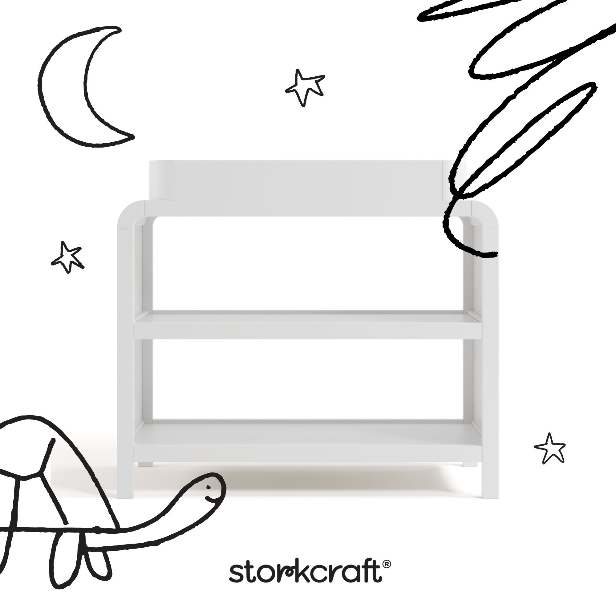 Santos white changing table with black doodles overlaid on image