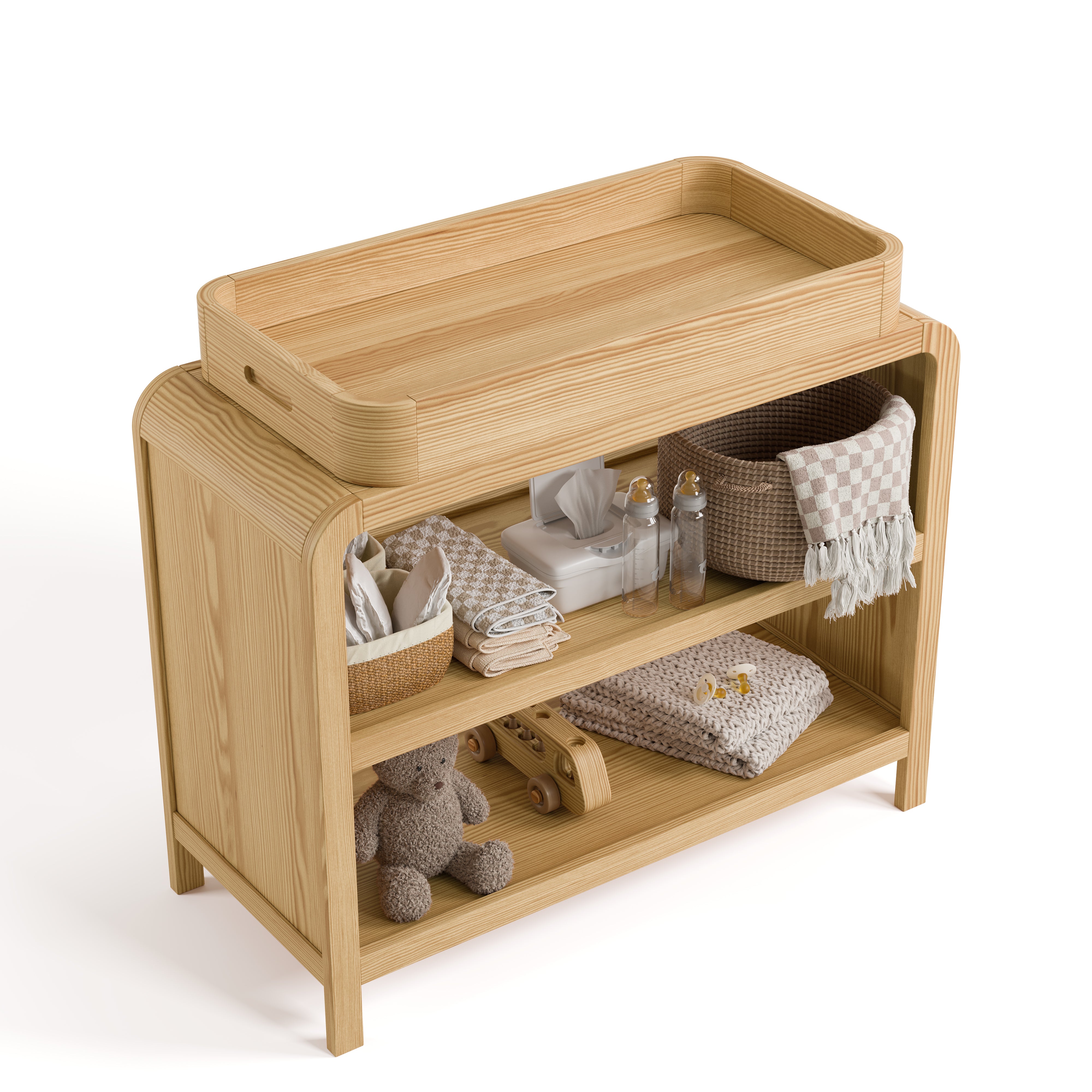 Top view of Santos natural changing table with changing essentials on both shelves