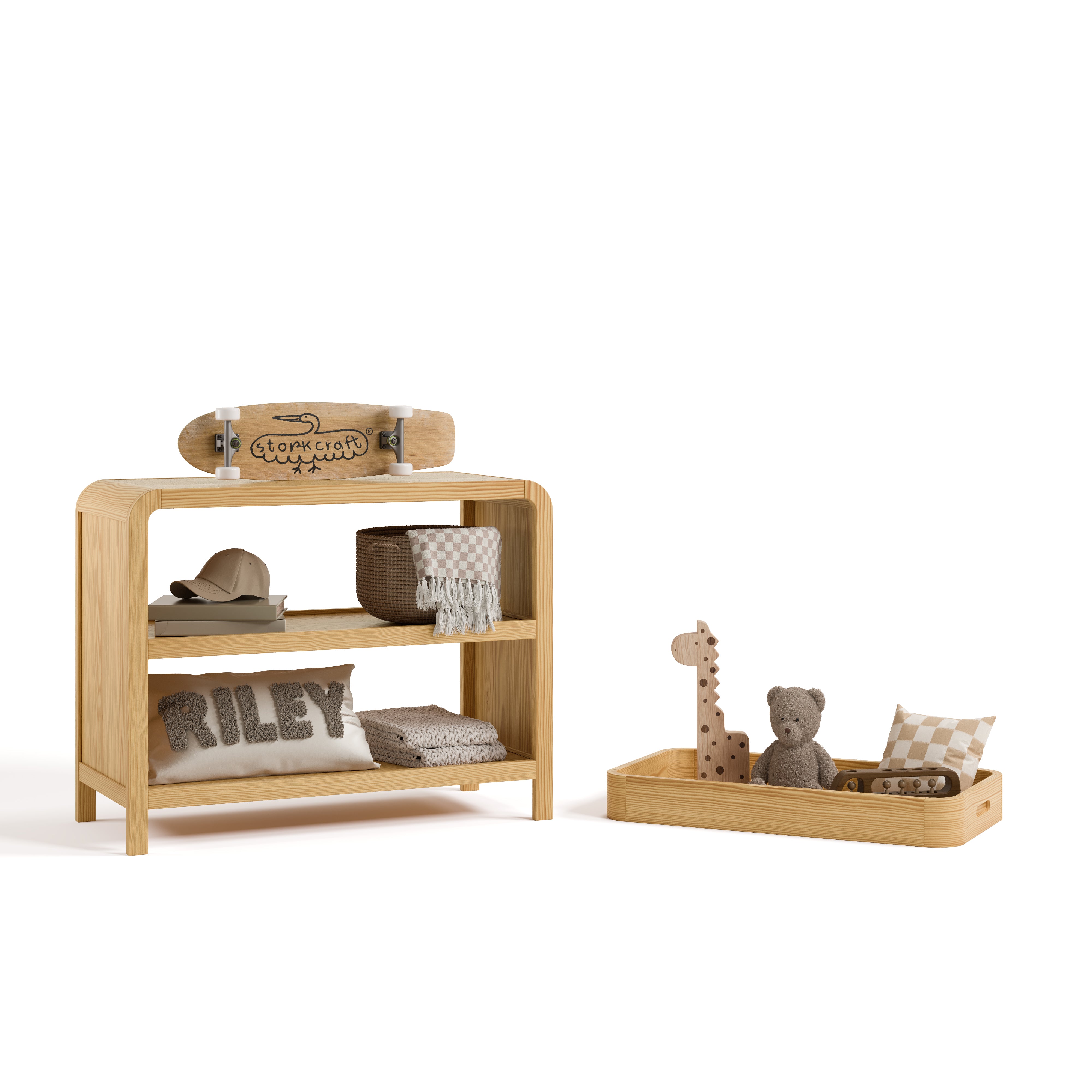 Santos natural changing table with changing topper removed to the right and kids essentials on top