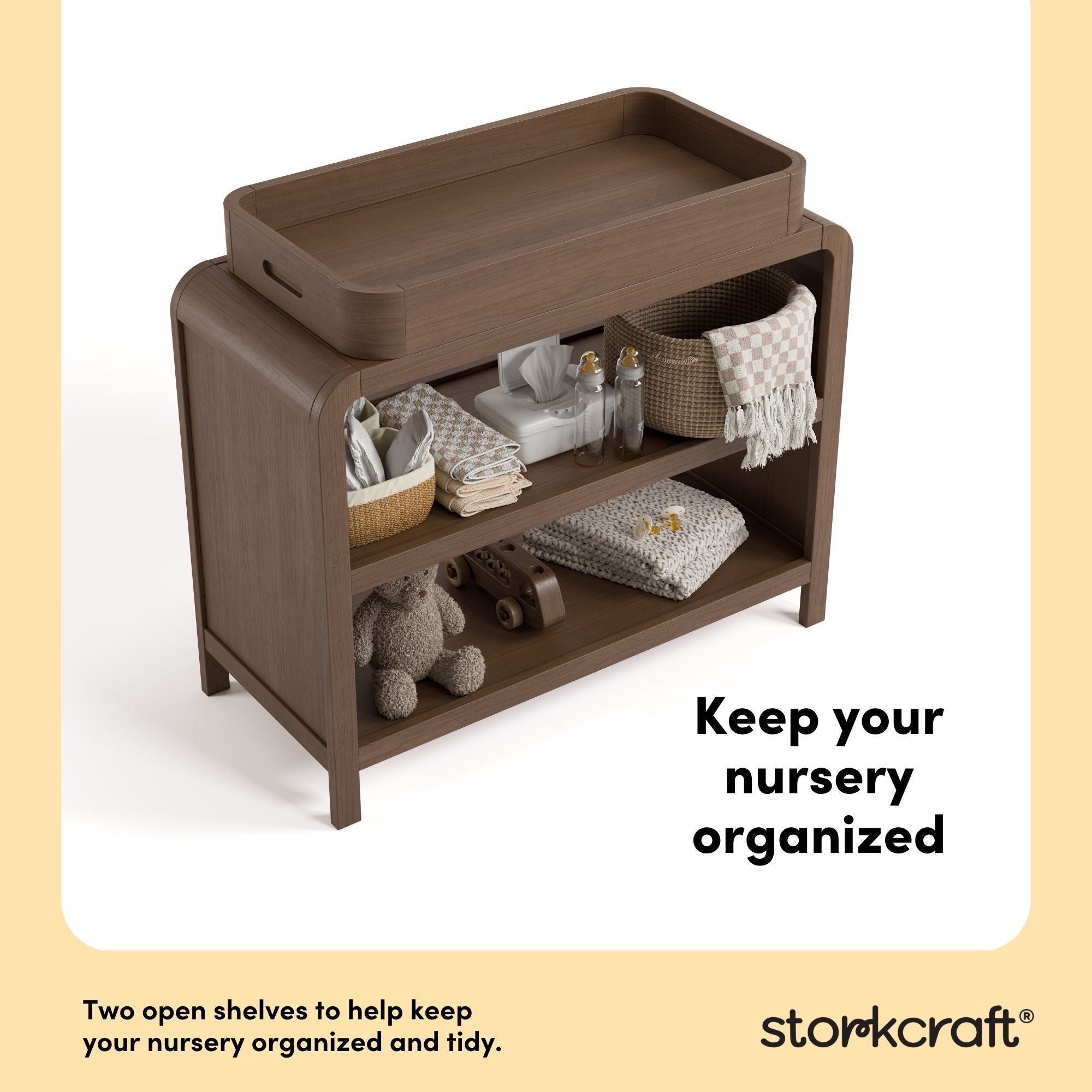 Santos hazelnut changing table two open shelves callout