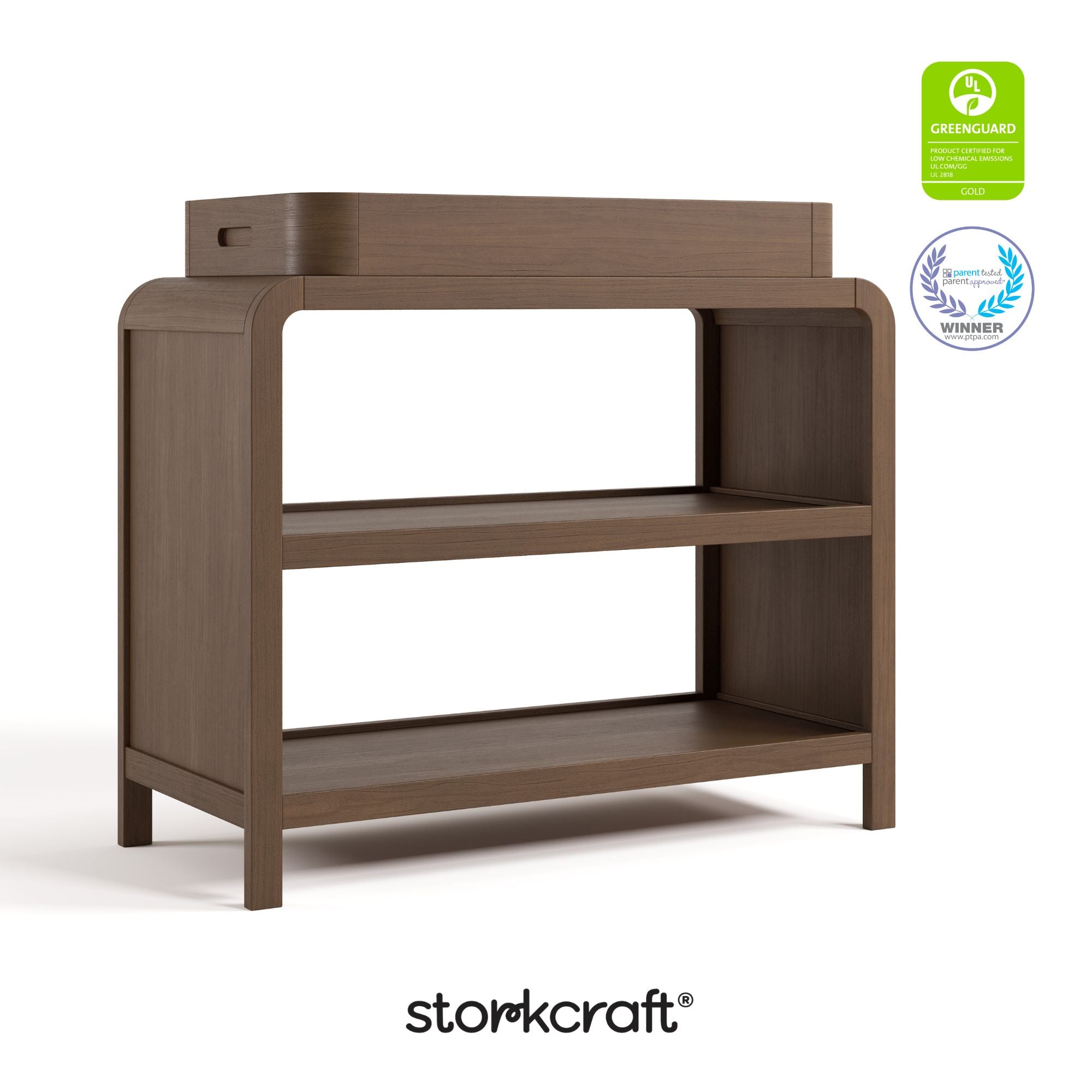 Santos hazelnut changing table with GGG and PTPA logos on top right