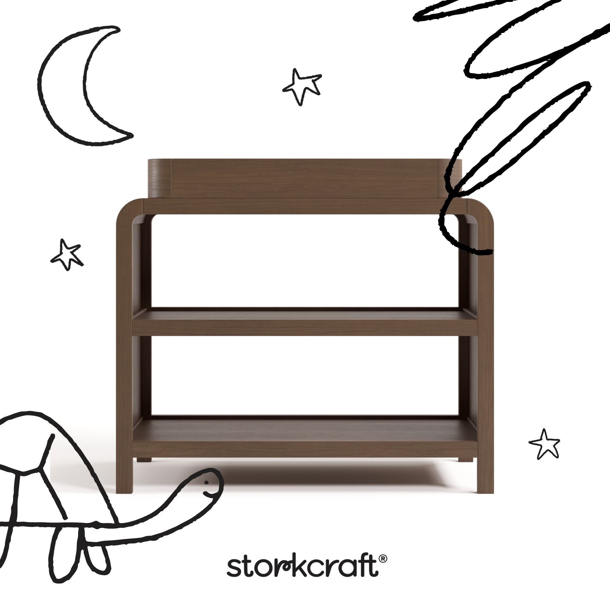 Santos hazelnut changing table with black doodles overlaid on image