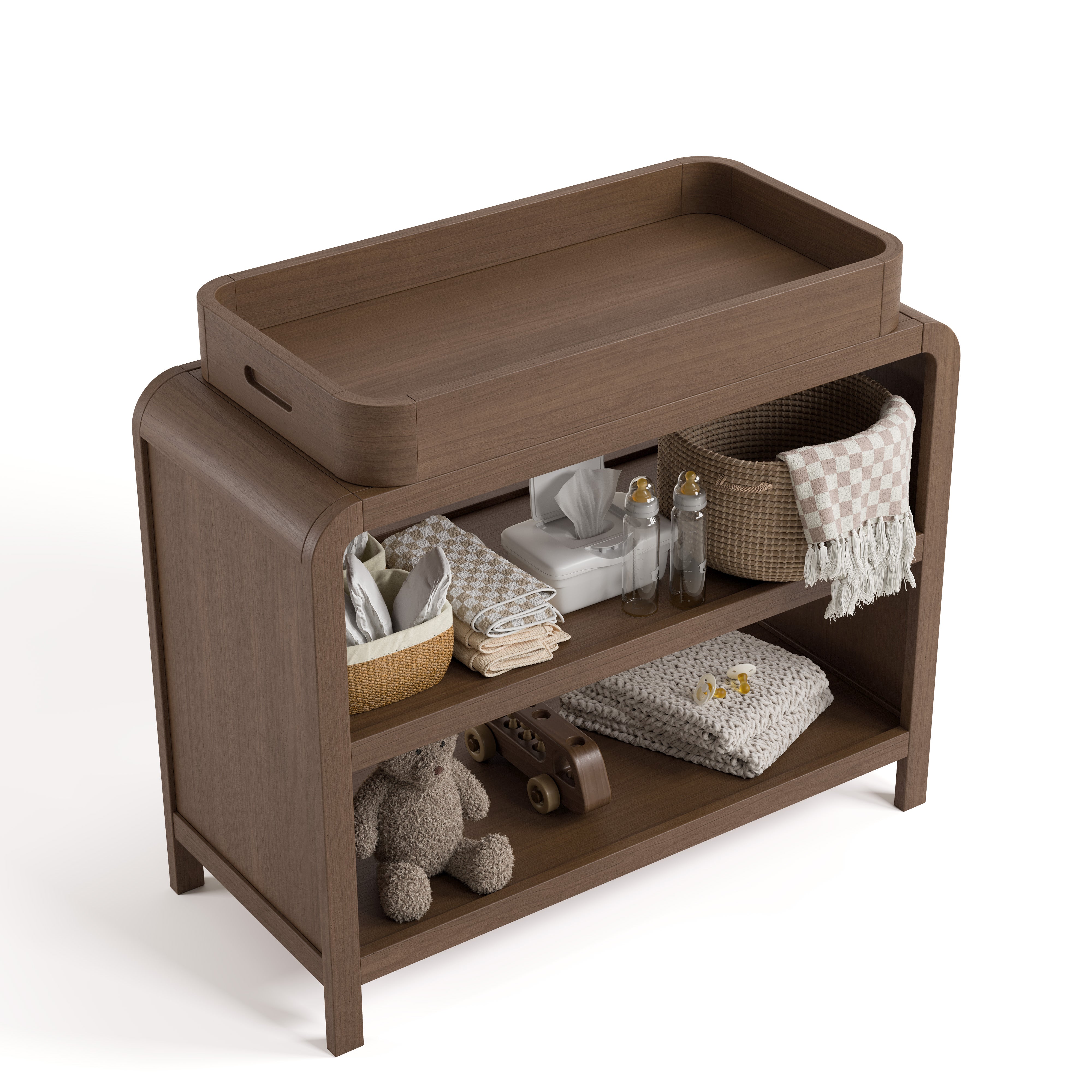 Top view of Santos hazelnut changing table with changing essentials on both shelves