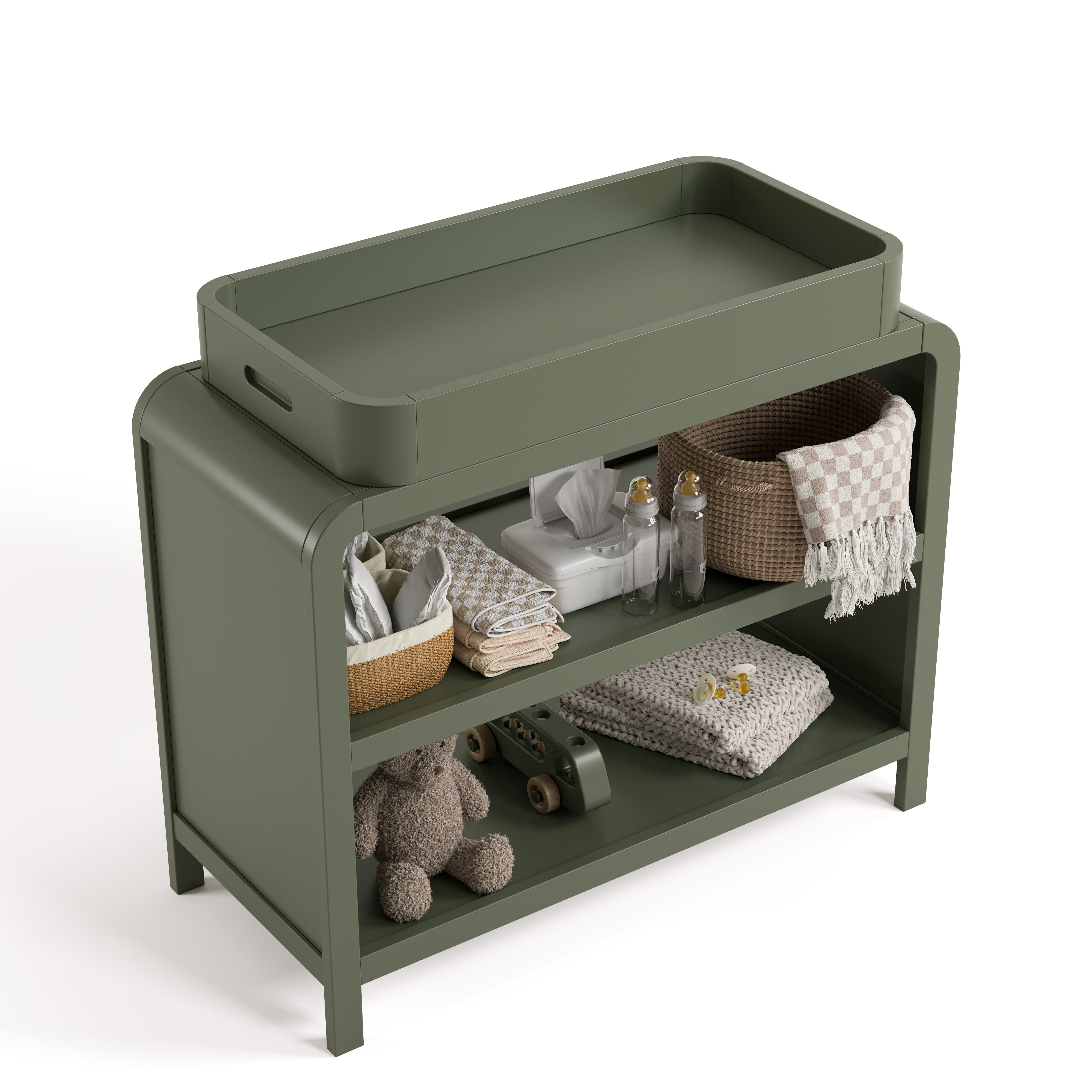 Top view of Santos olive changing table with changing essentials on both shelves