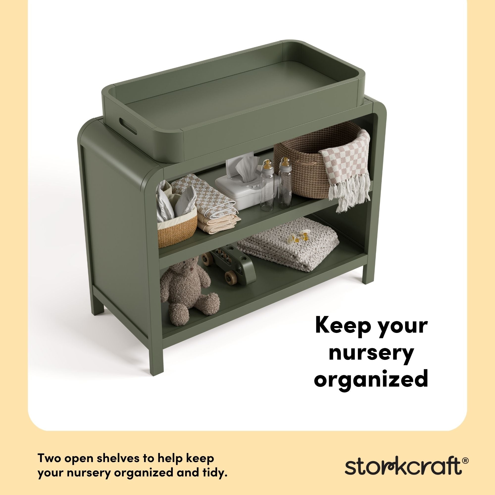 Santos olive changing table two open shelves callout