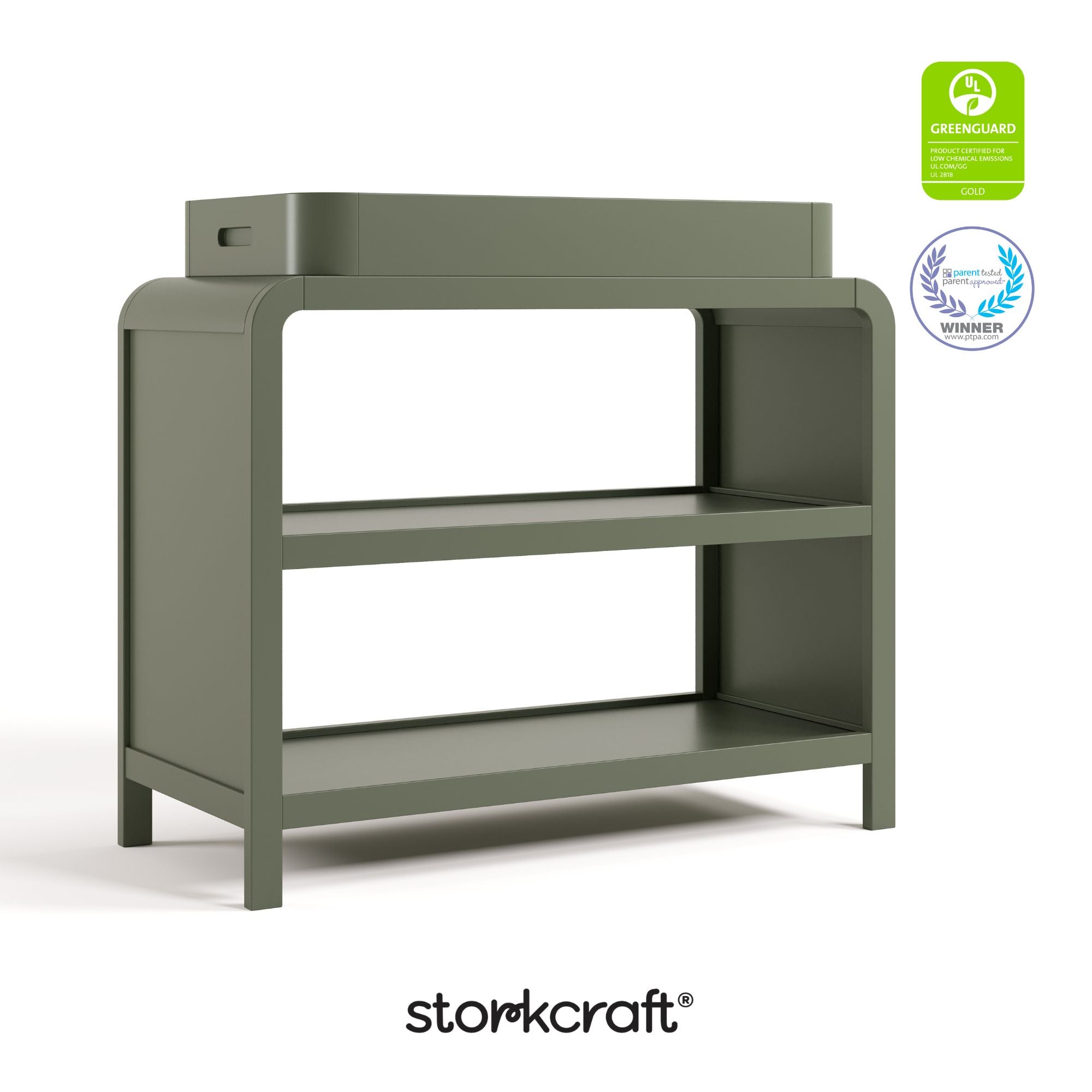 Santos olive changing table with GGG and PTPA logos on top right