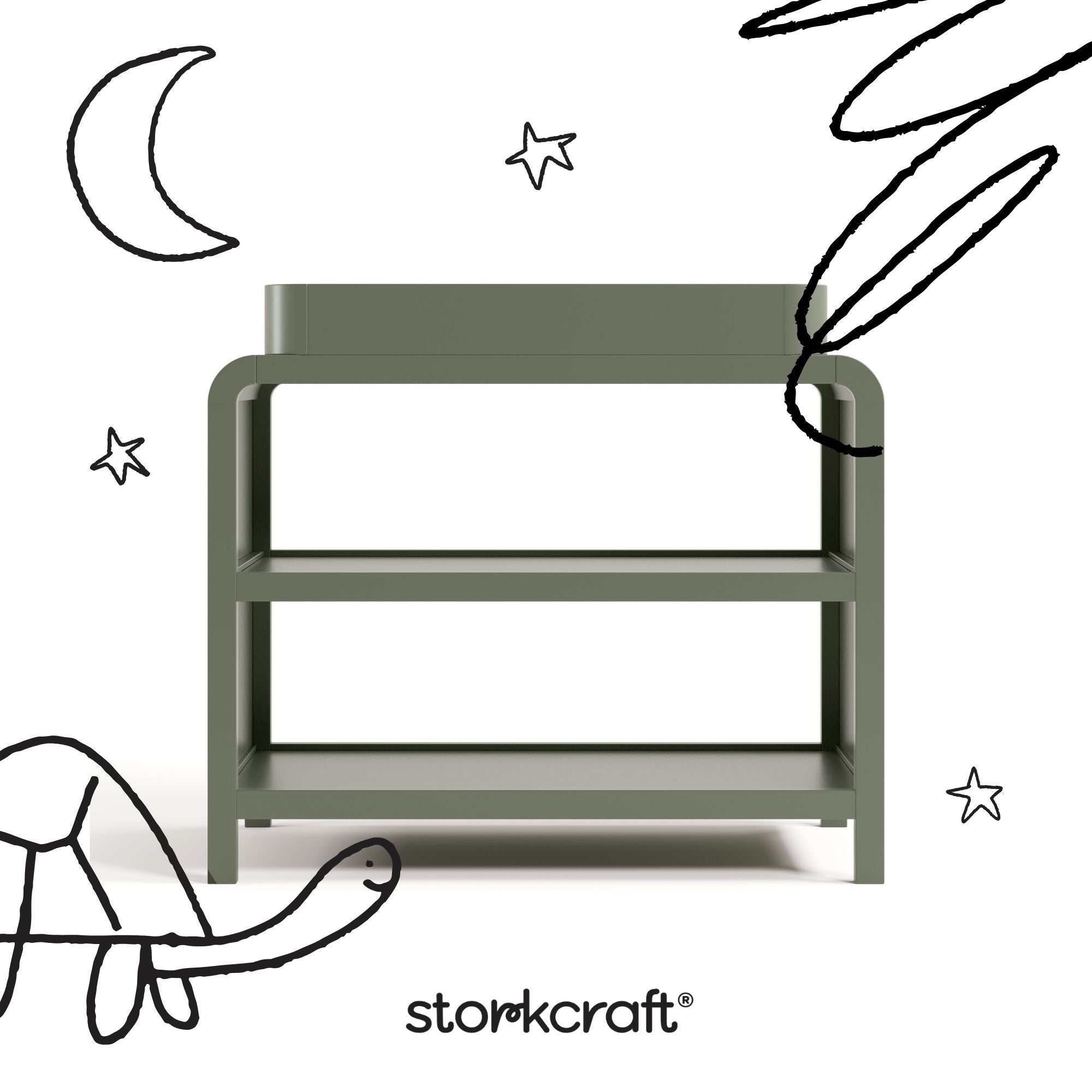 Santos olive changing table with black doodles overlaid on image