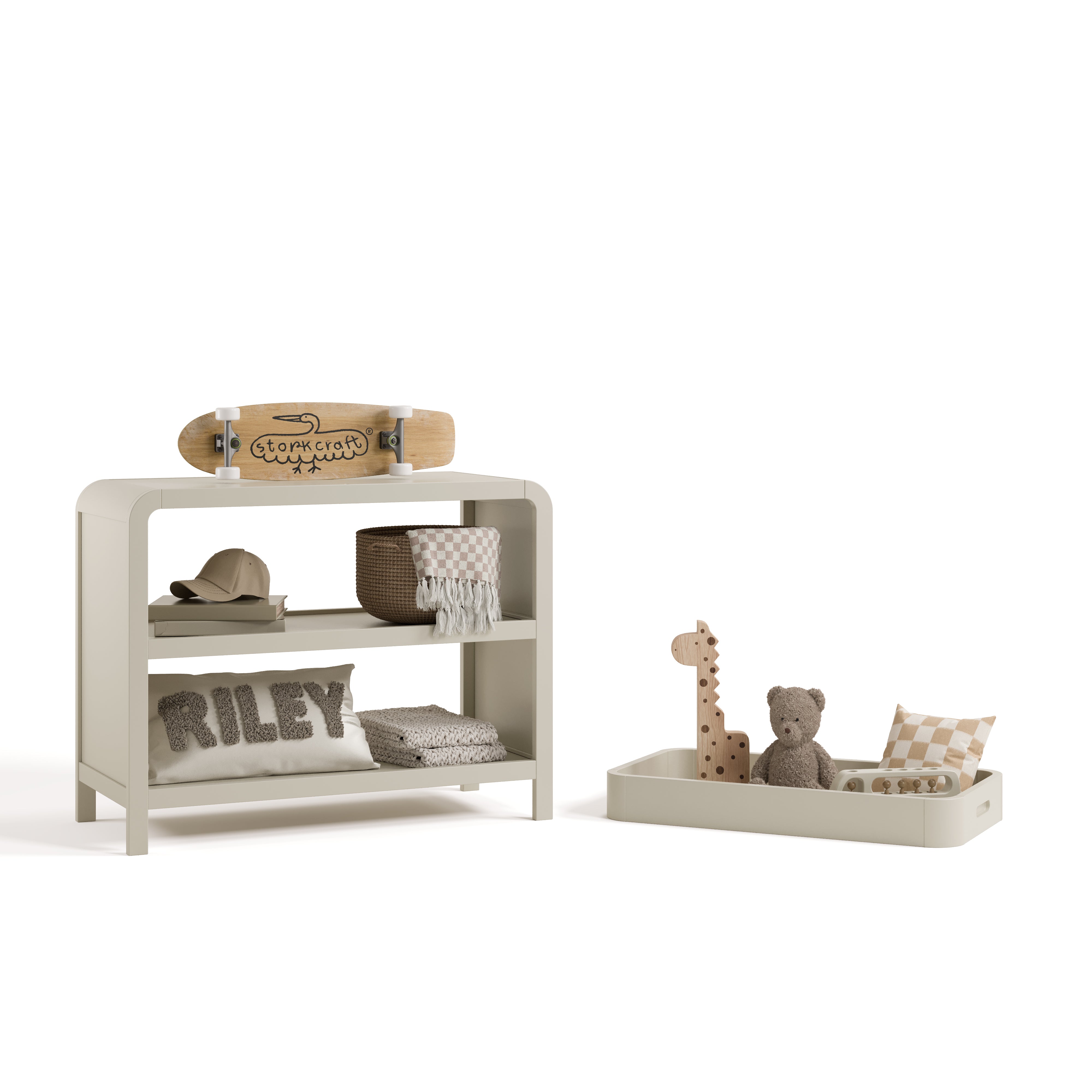 Santos frosted oat changing table with changing topper removed and baby items on both shelves