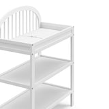 Olivia white changing table close up of changing topper, shelves, and headboard