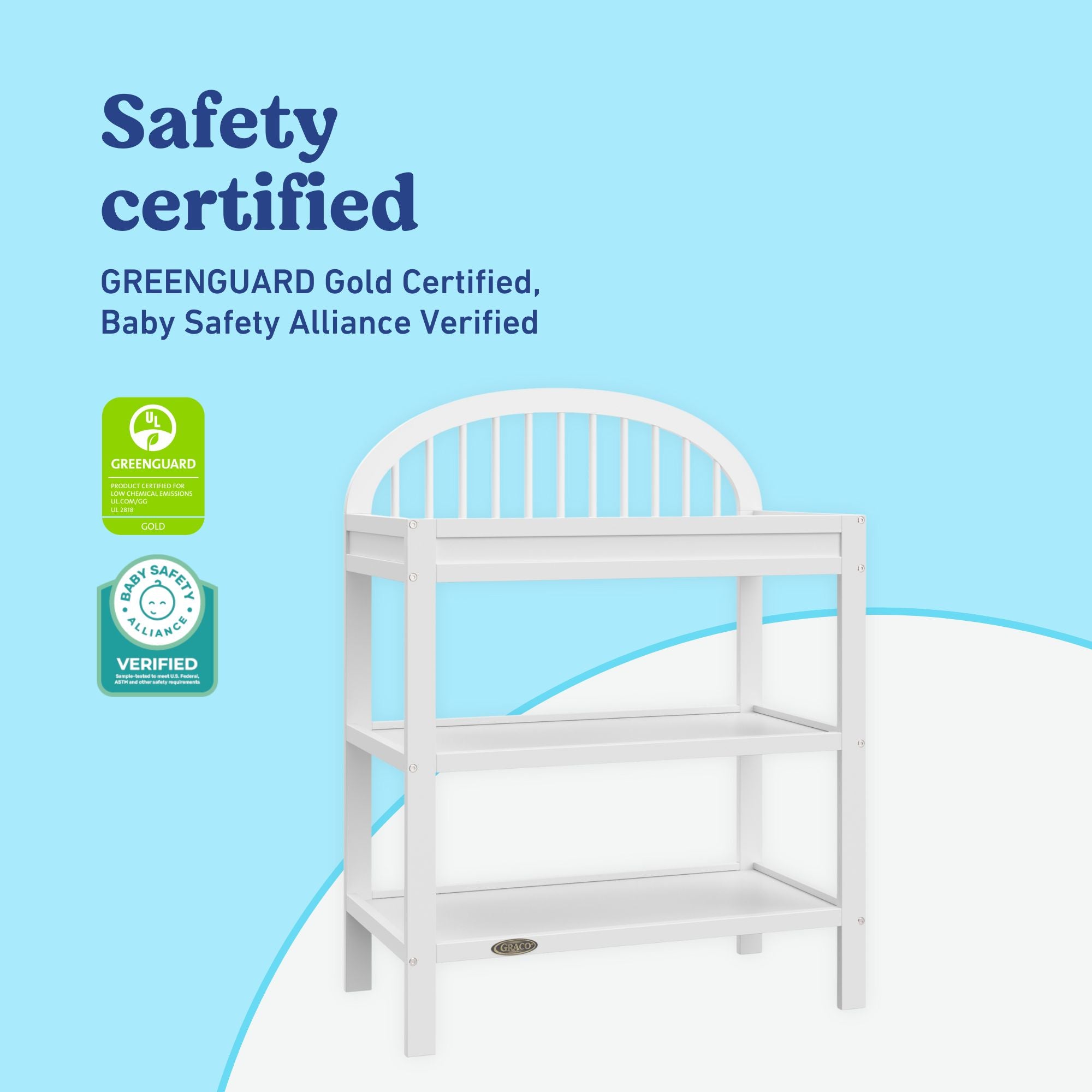 Olivia white changing table open shelves callout