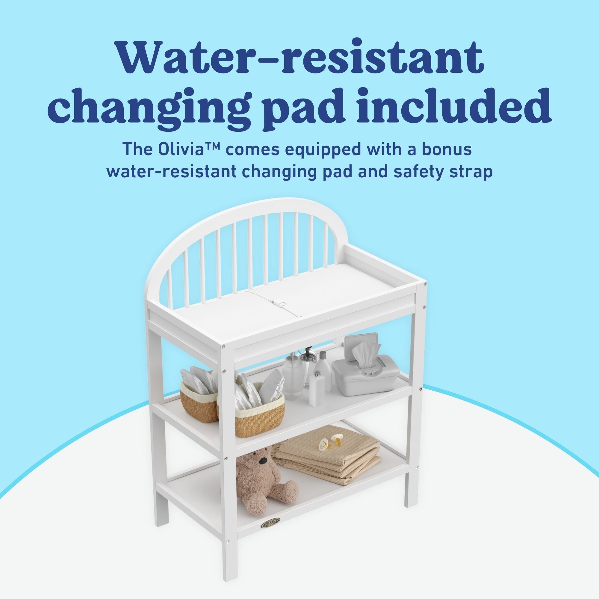 Olivia white changing table changing pad callout