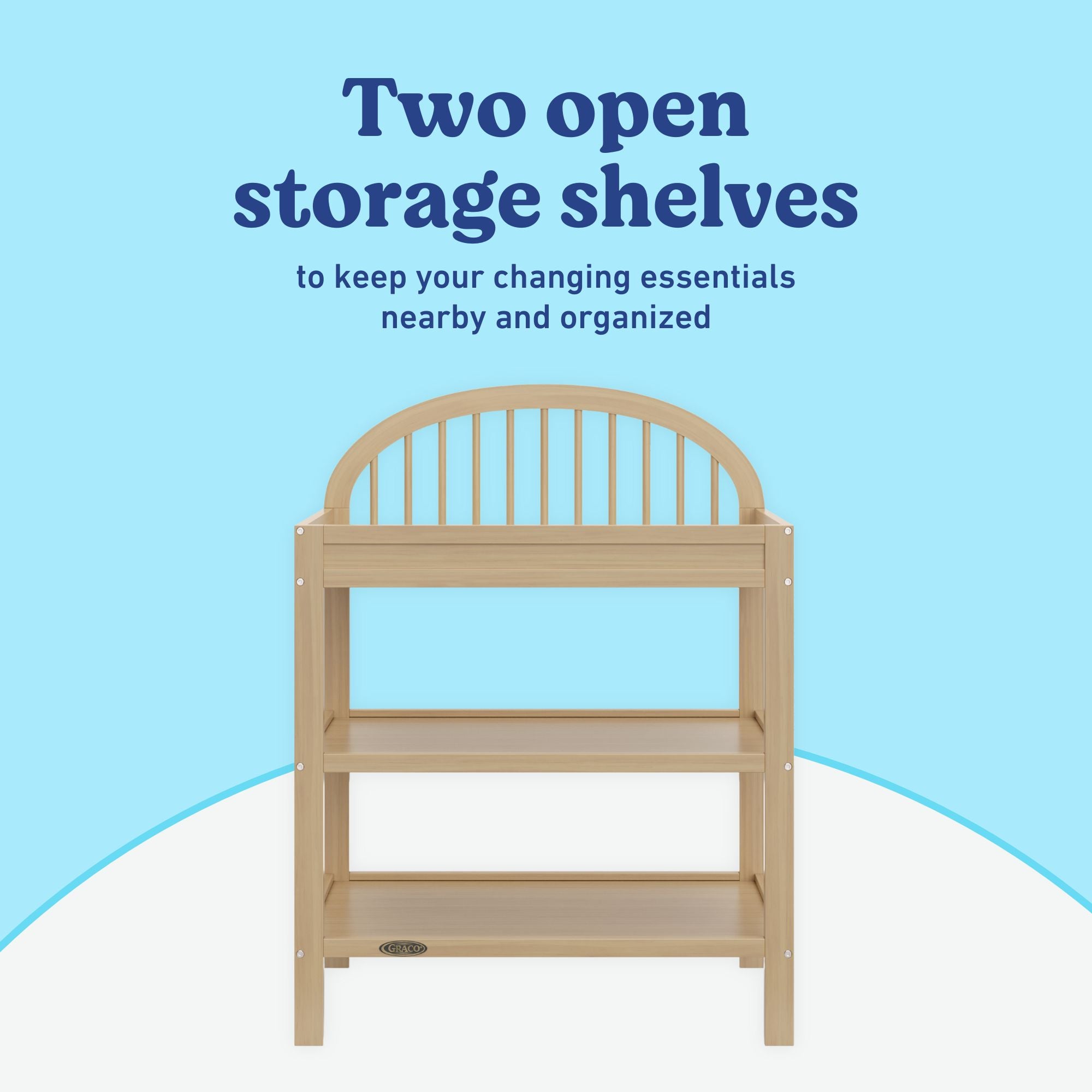 Olivia driftwood changing table open shelves callout