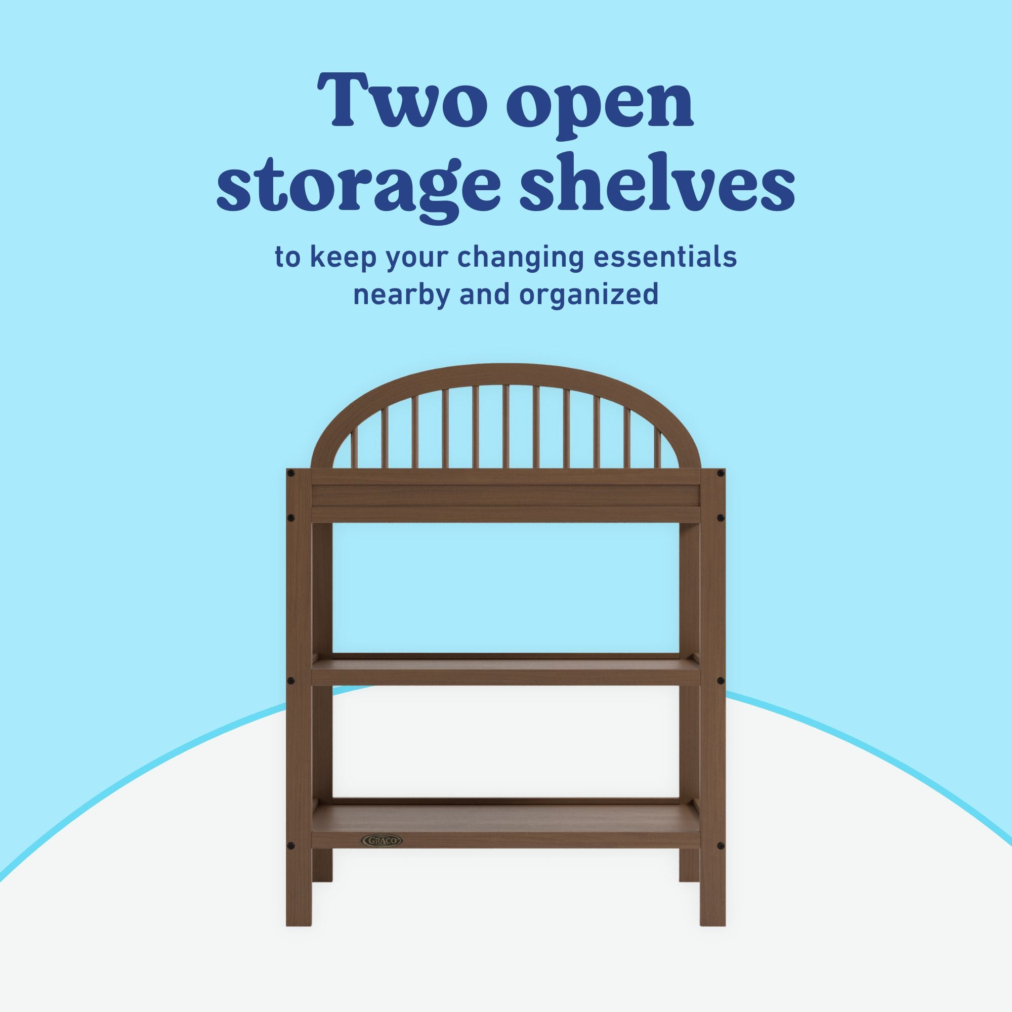 Olivia hazelnut changing table open shelves callout