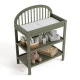 Olivia olive changing table top view with baby items on shelves