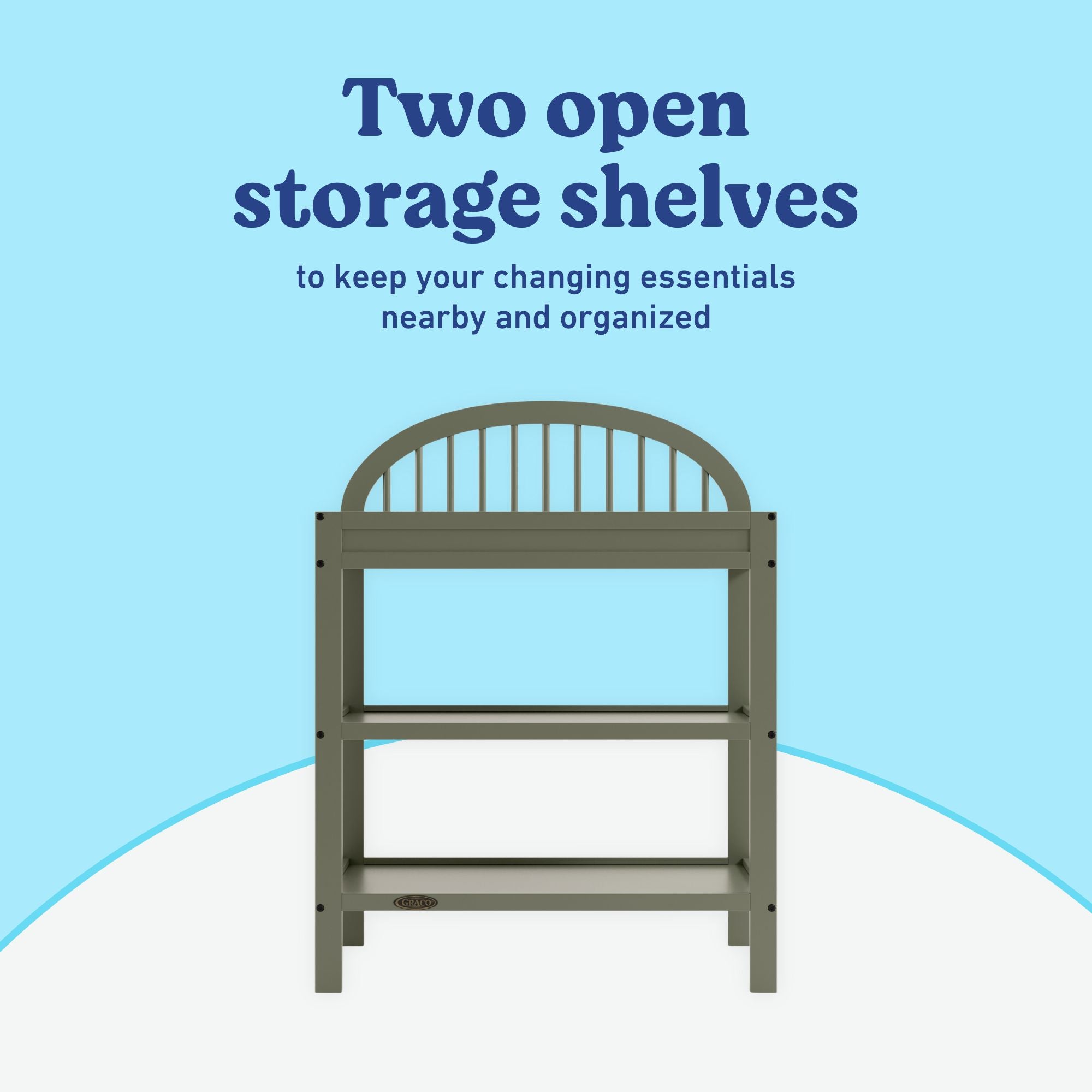 Olivia olive changing table open shelves callout