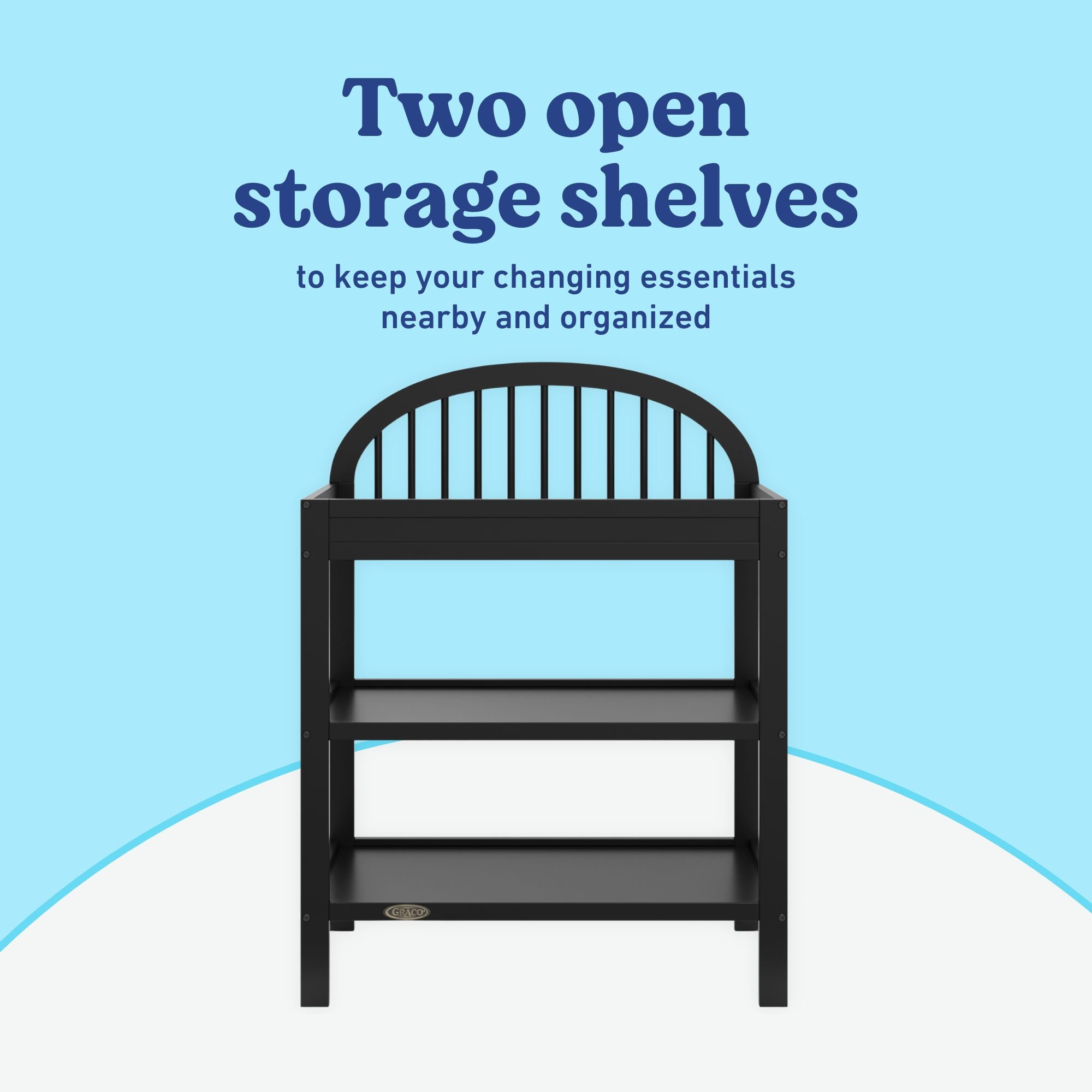 Olivia black changing table open shelves callout