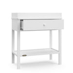 White Graco storage changing table with drawer open angle view