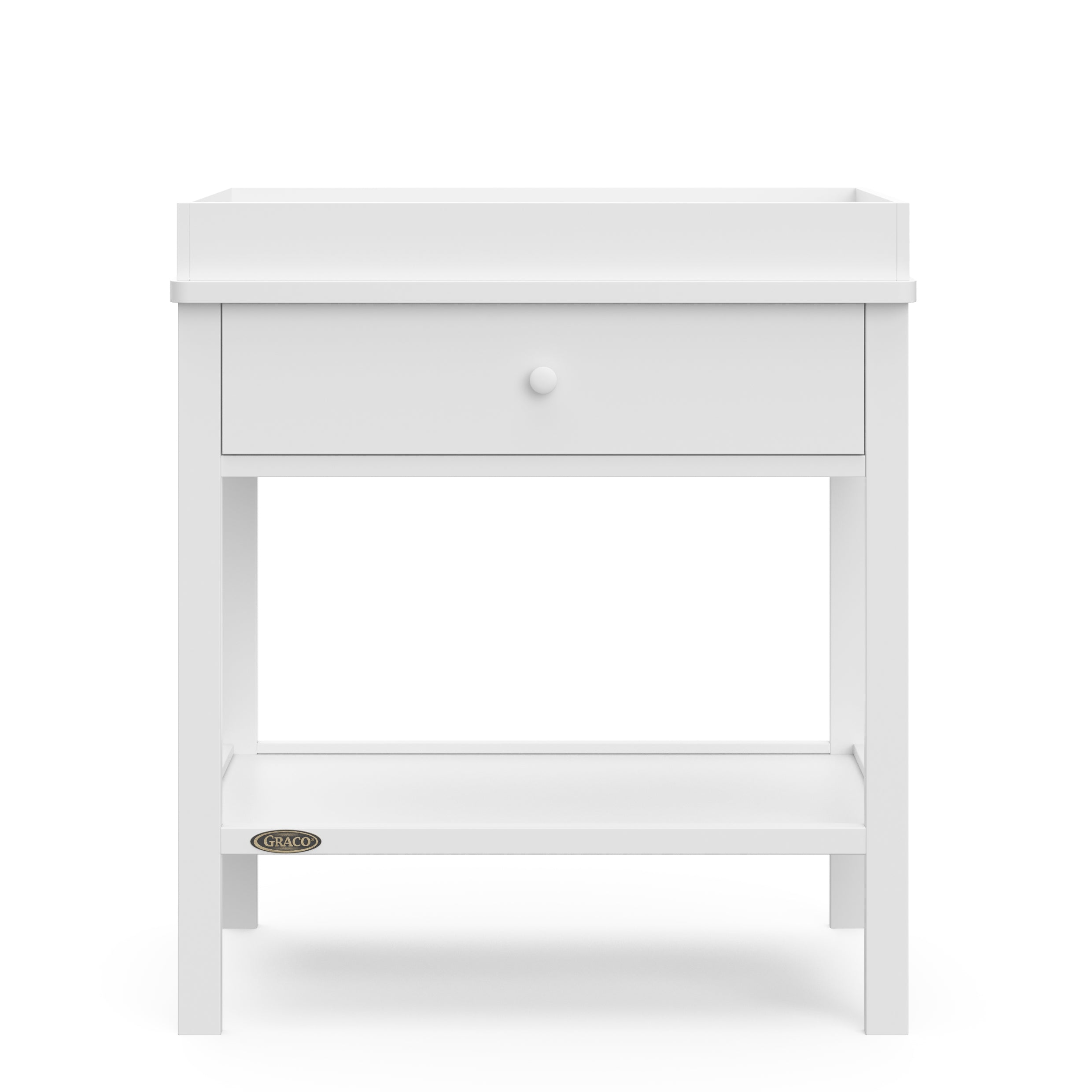 White Graco storage changing table front view