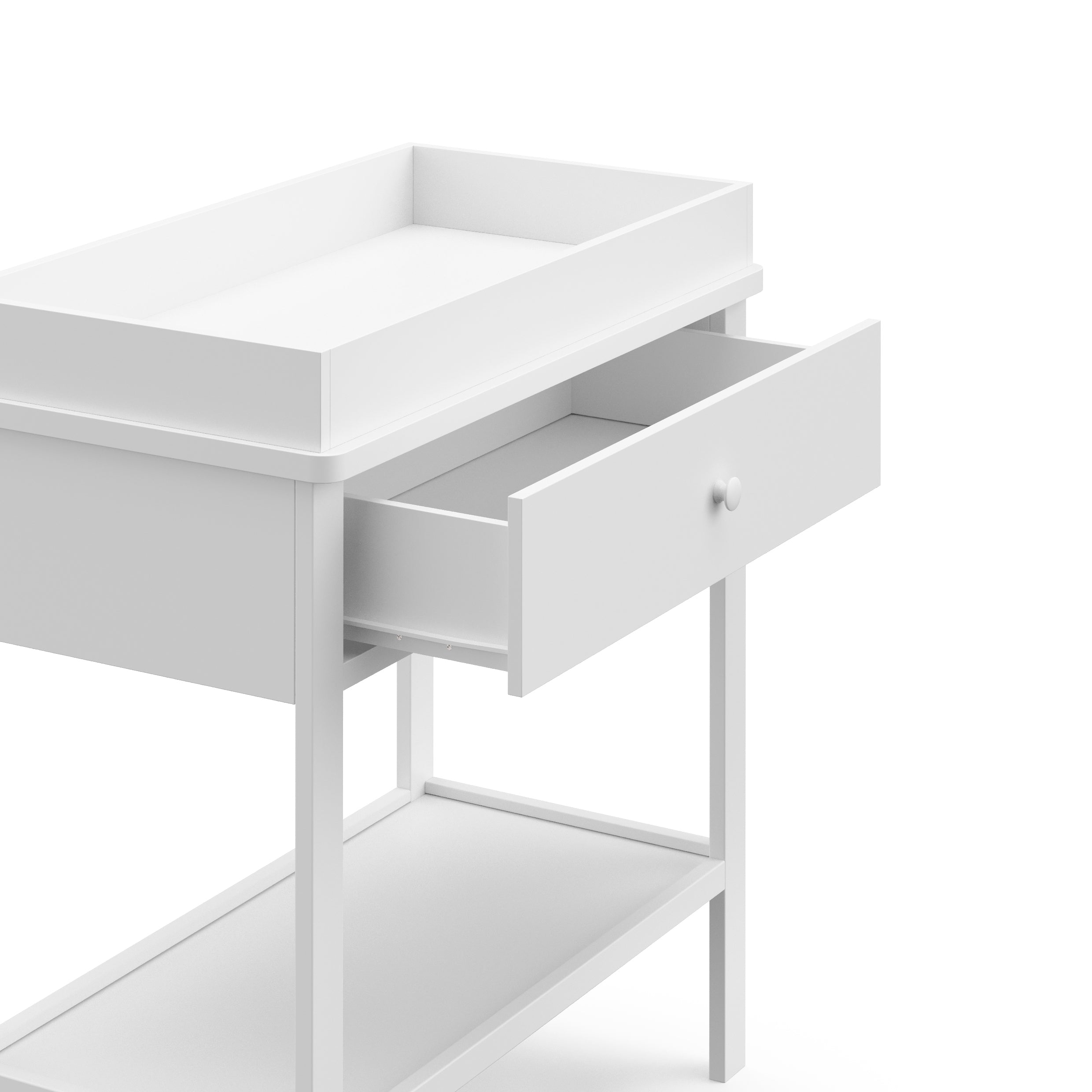 White Graco storage changing table close up of changing topper and drawer open