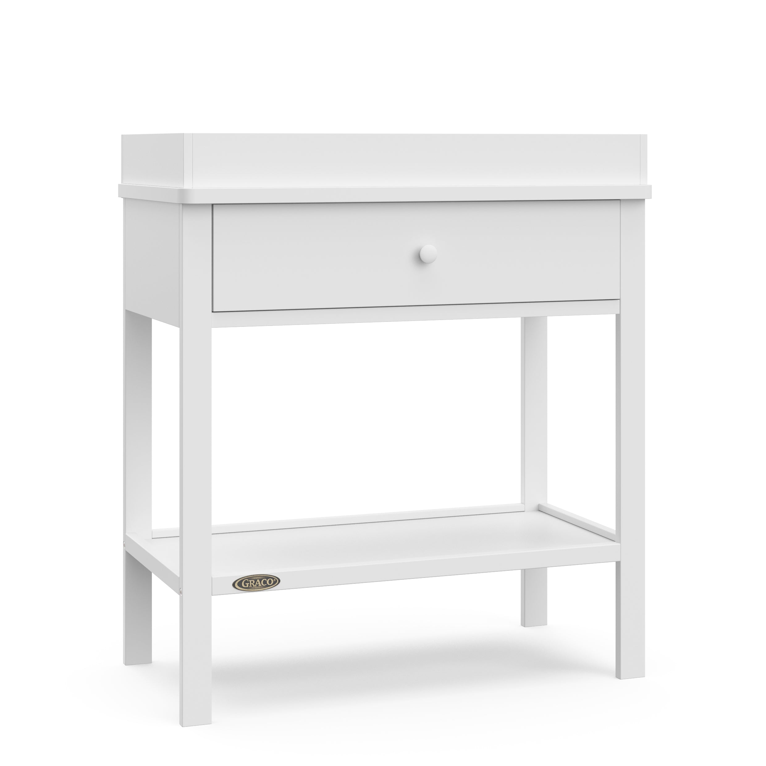 White Graco storage changing table angle view