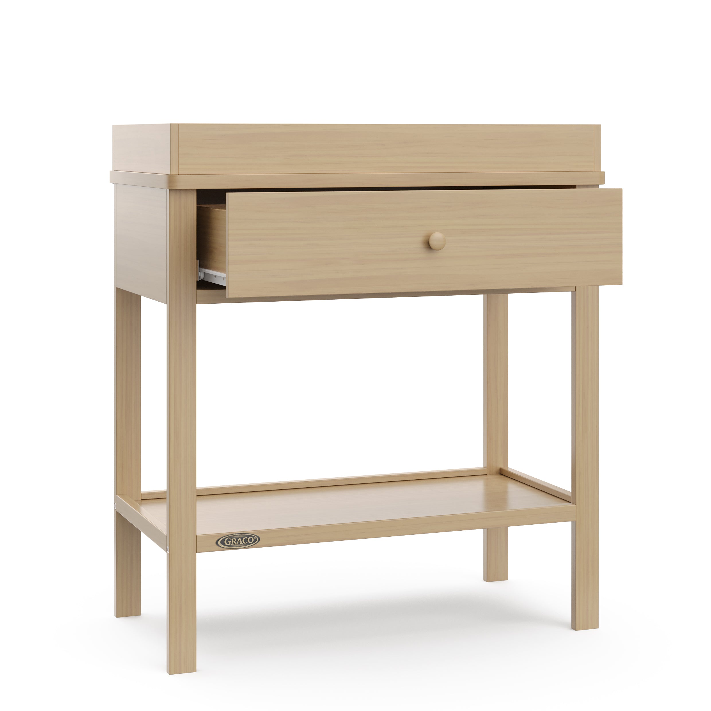 Driftwood Graco storage changing table with drawer open angle view
